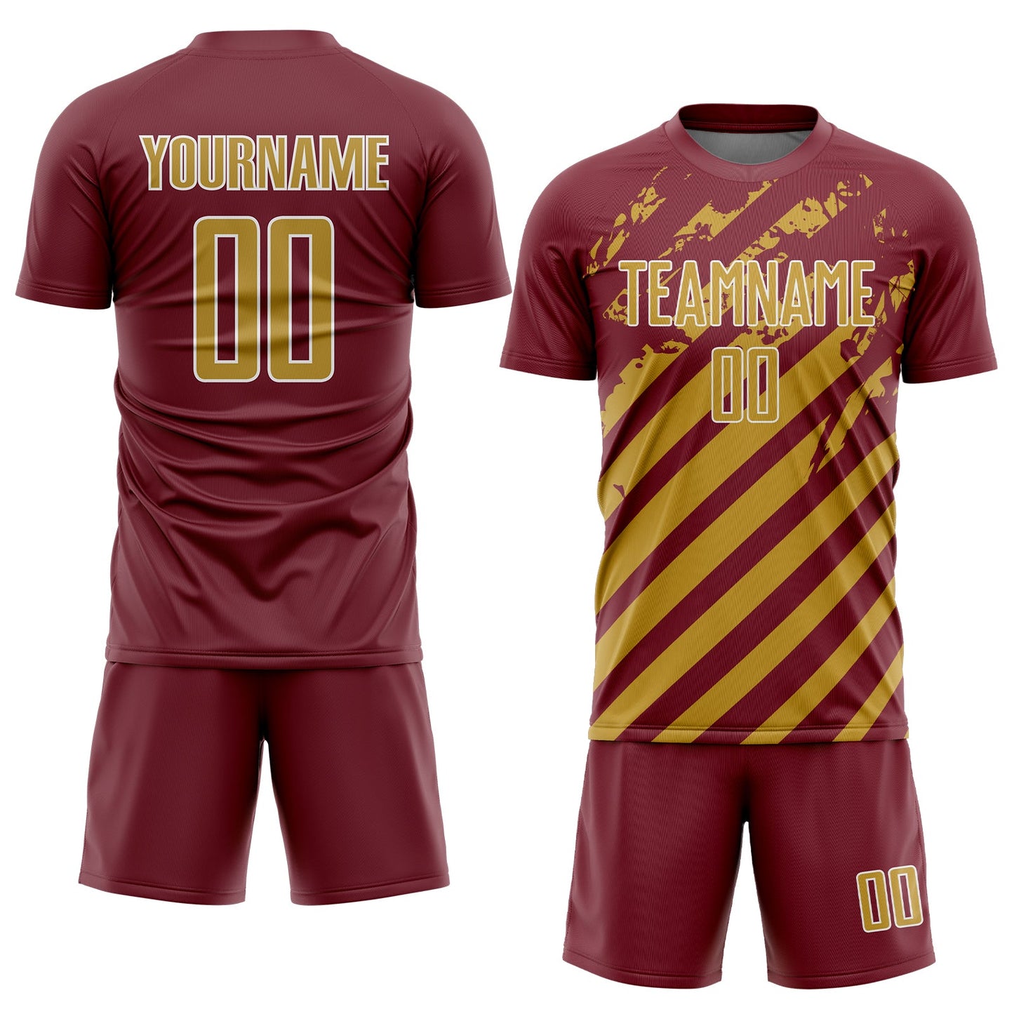 Custom Burgundy Old Gold-White Distressed Diagonal Stripe Pattern Sports Sublimation Soccer Uniform Jersey view 2