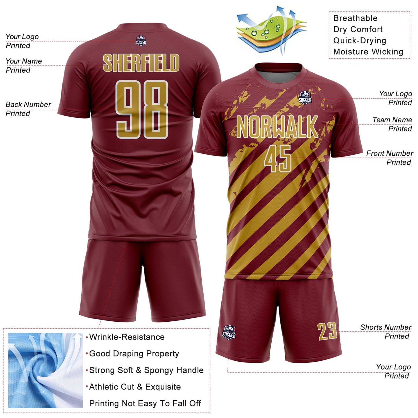Custom Burgundy Old Gold-White Distressed Diagonal Stripe Pattern Sports Sublimation Soccer Uniform Jersey view 4