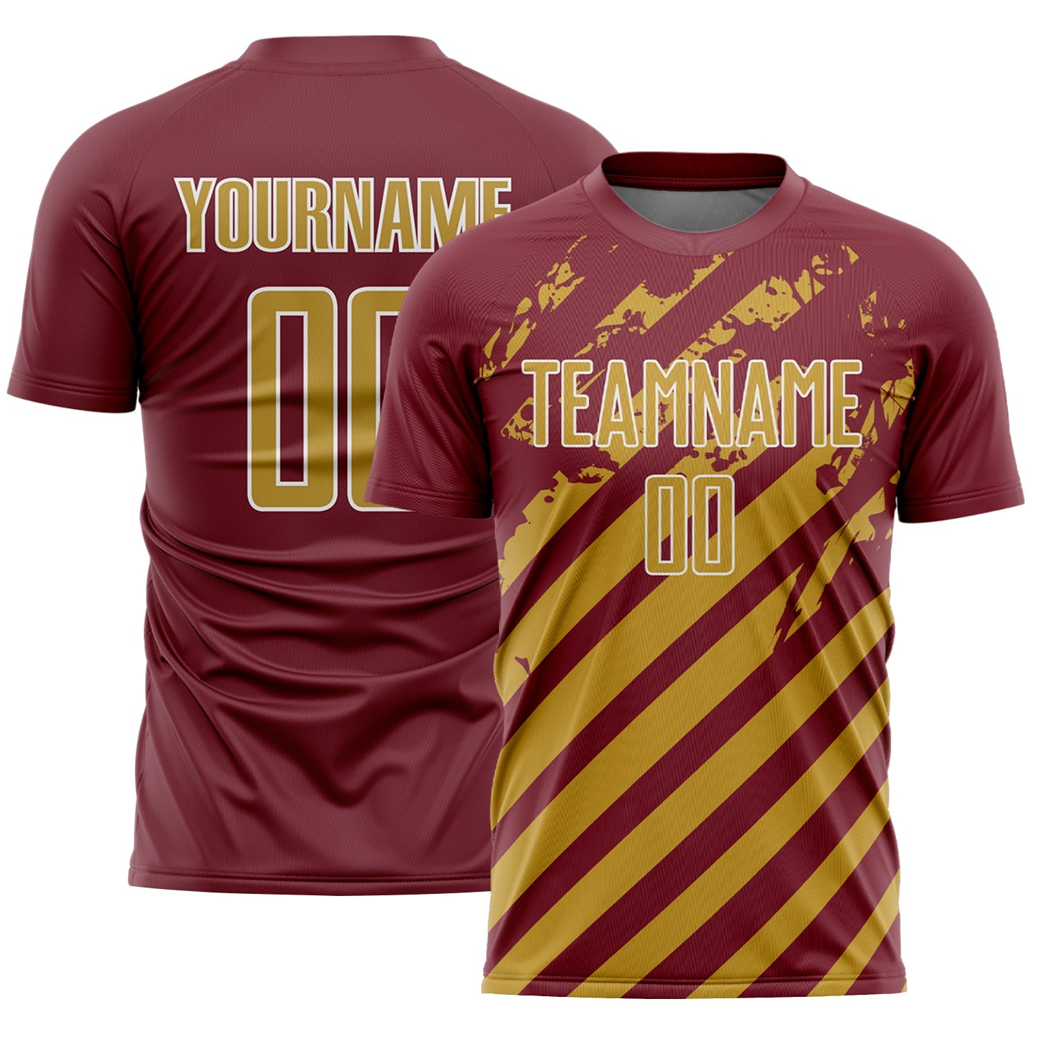Custom Burgundy Old Gold-White Distressed Diagonal Stripe Pattern Sports Sublimation Soccer Uniform Jersey - Main View