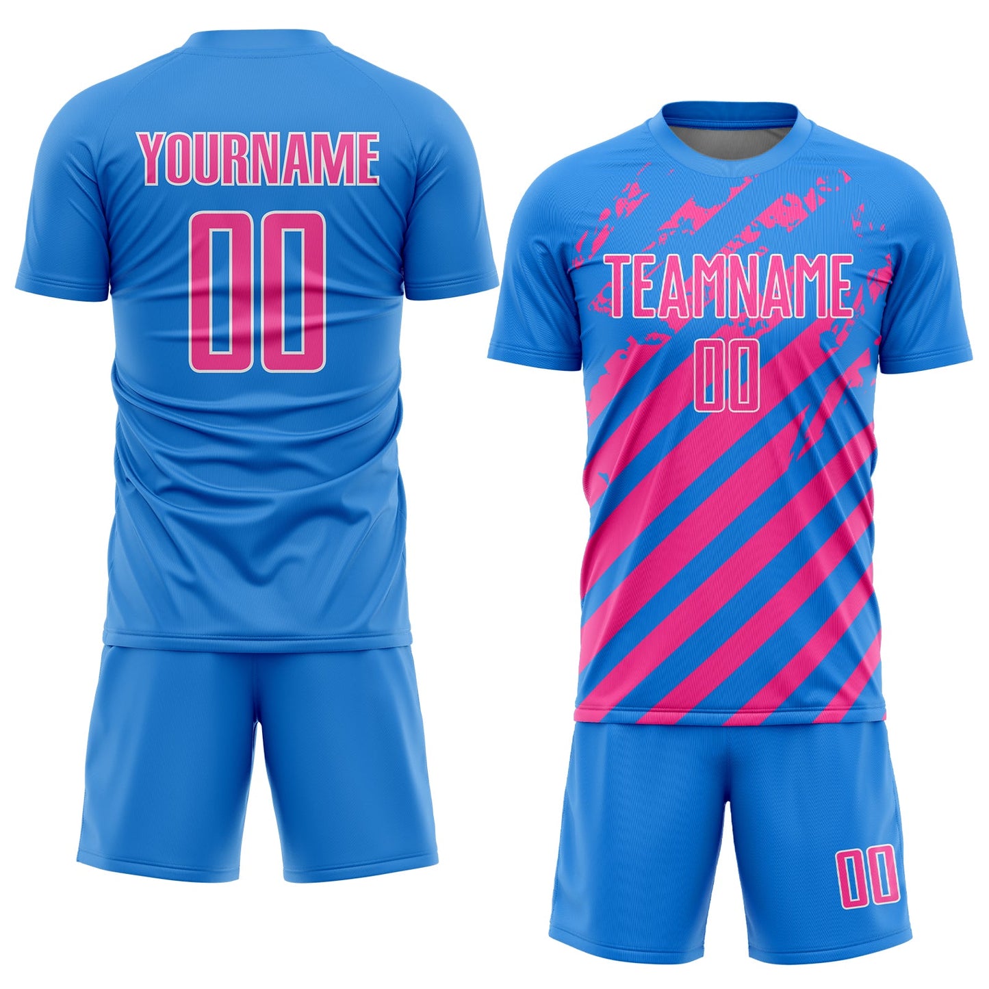 Custom Powder Blue Pink-White Distressed Diagonal Stripe Pattern Sports Sublimation Soccer Uniform Jersey view 2