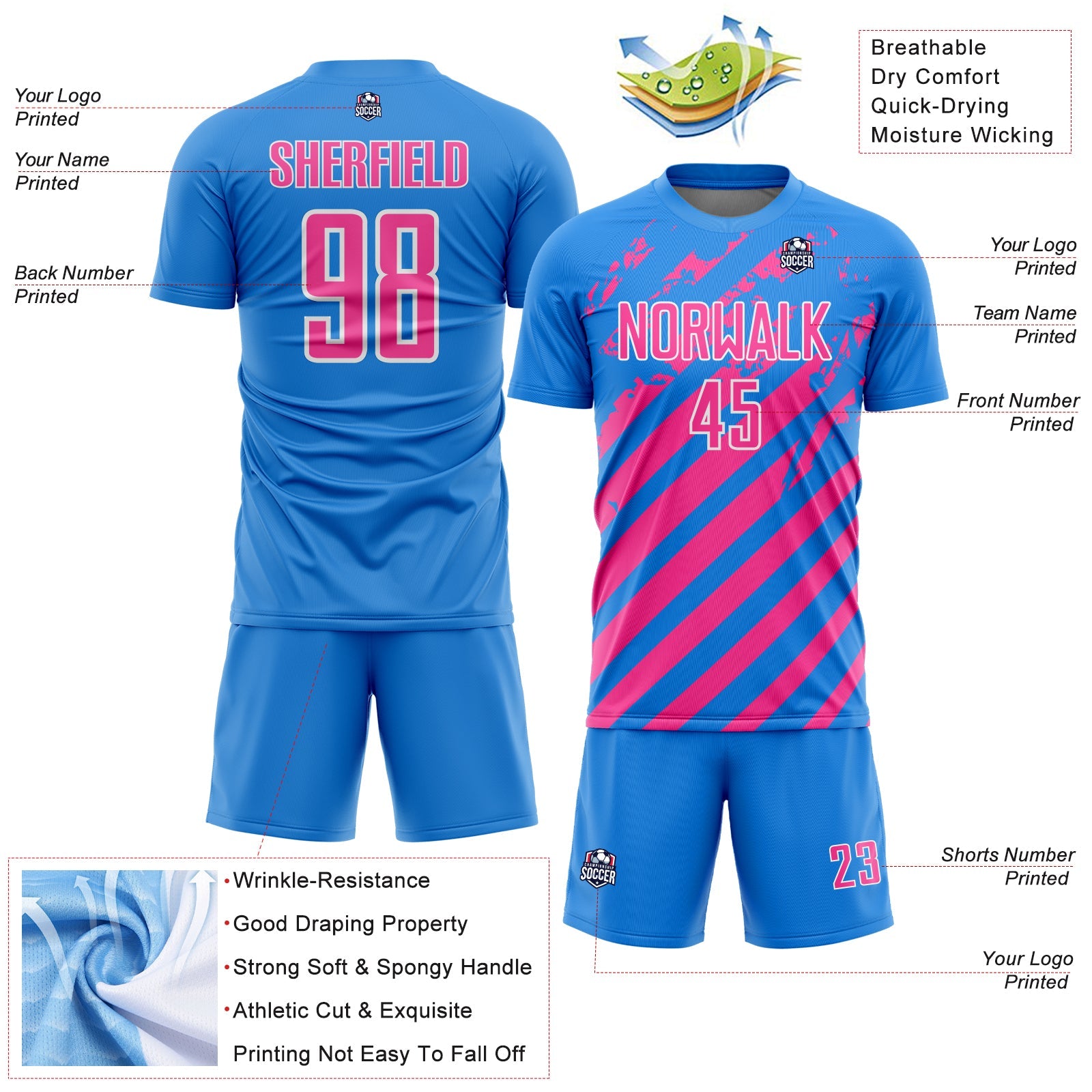 Custom Powder Blue Pink-White Distressed Diagonal Stripe Pattern Sports Sublimation Soccer Uniform Jersey view 4