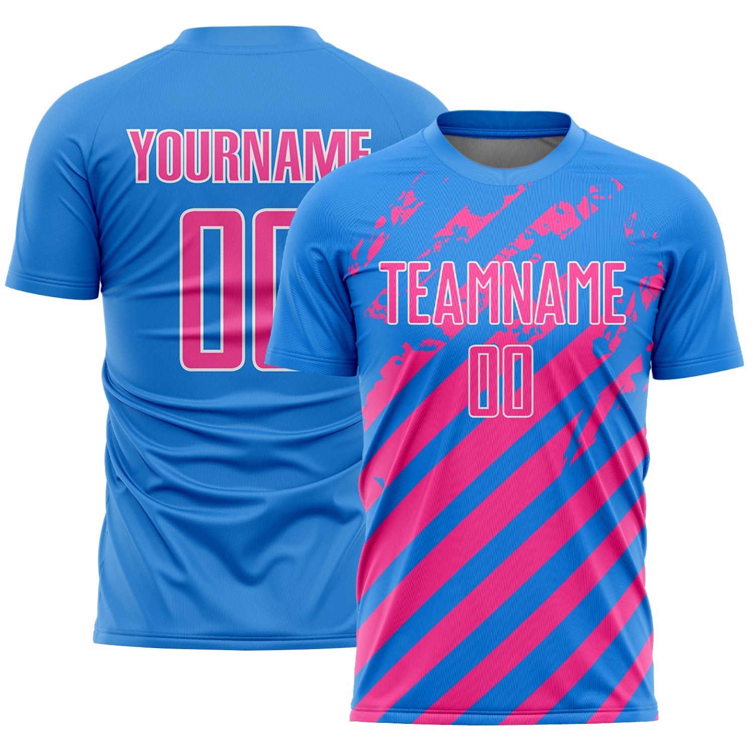 Custom Powder Blue Pink-White Distressed Diagonal Stripe Pattern Sports Sublimation Soccer Uniform Jersey - Main View