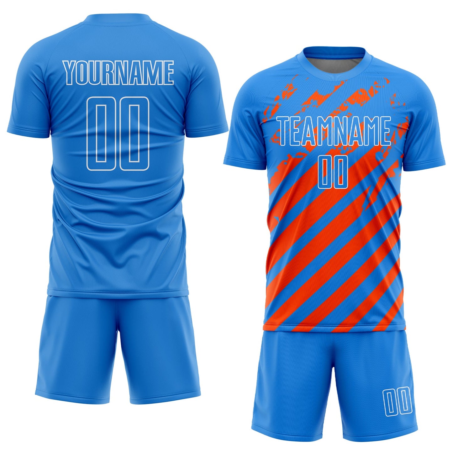 Custom Powder Blue White-Orange Distressed Diagonal Stripe Pattern Sports Sublimation Soccer Uniform Jersey view 2
