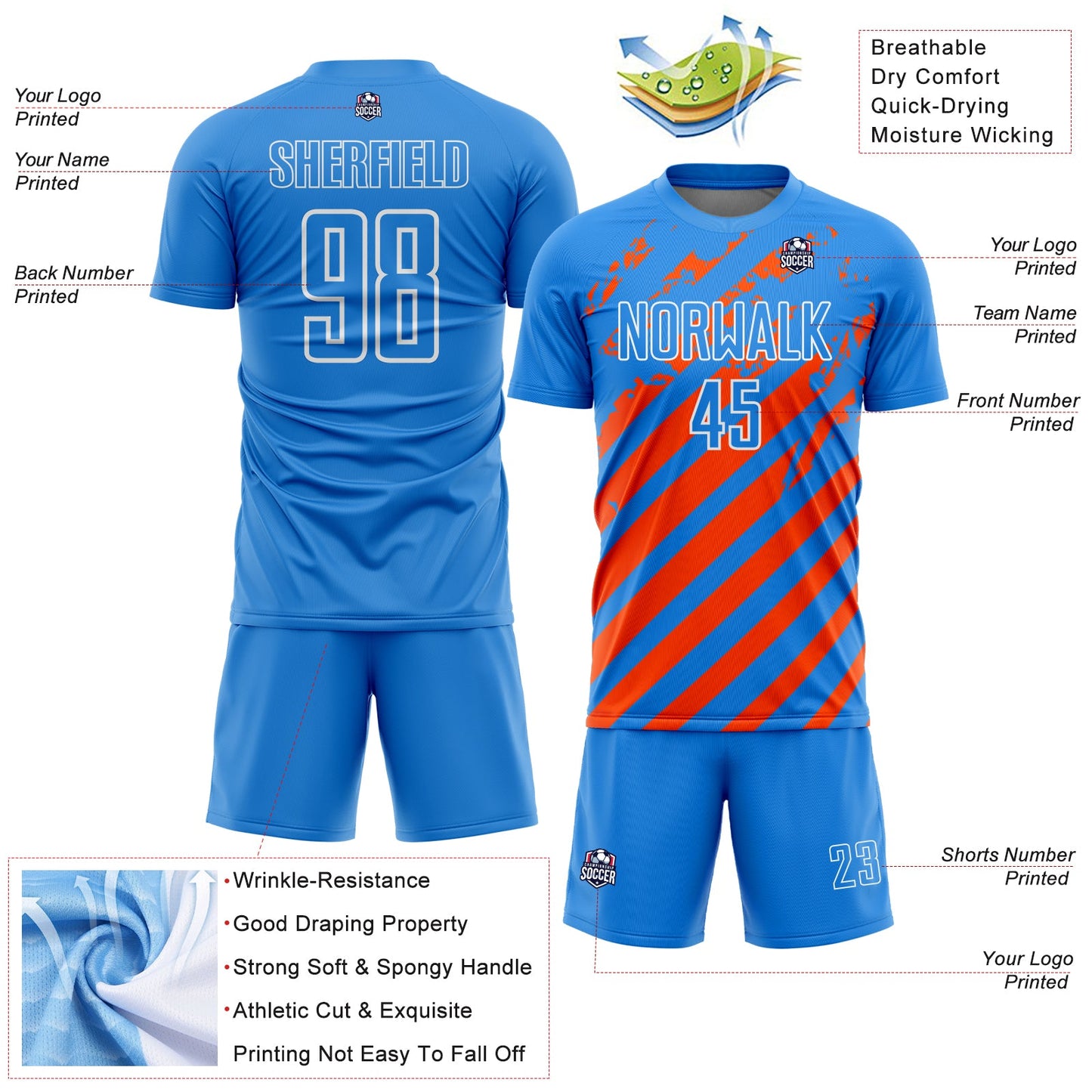 Custom Powder Blue White-Orange Distressed Diagonal Stripe Pattern Sports Sublimation Soccer Uniform Jersey view 4