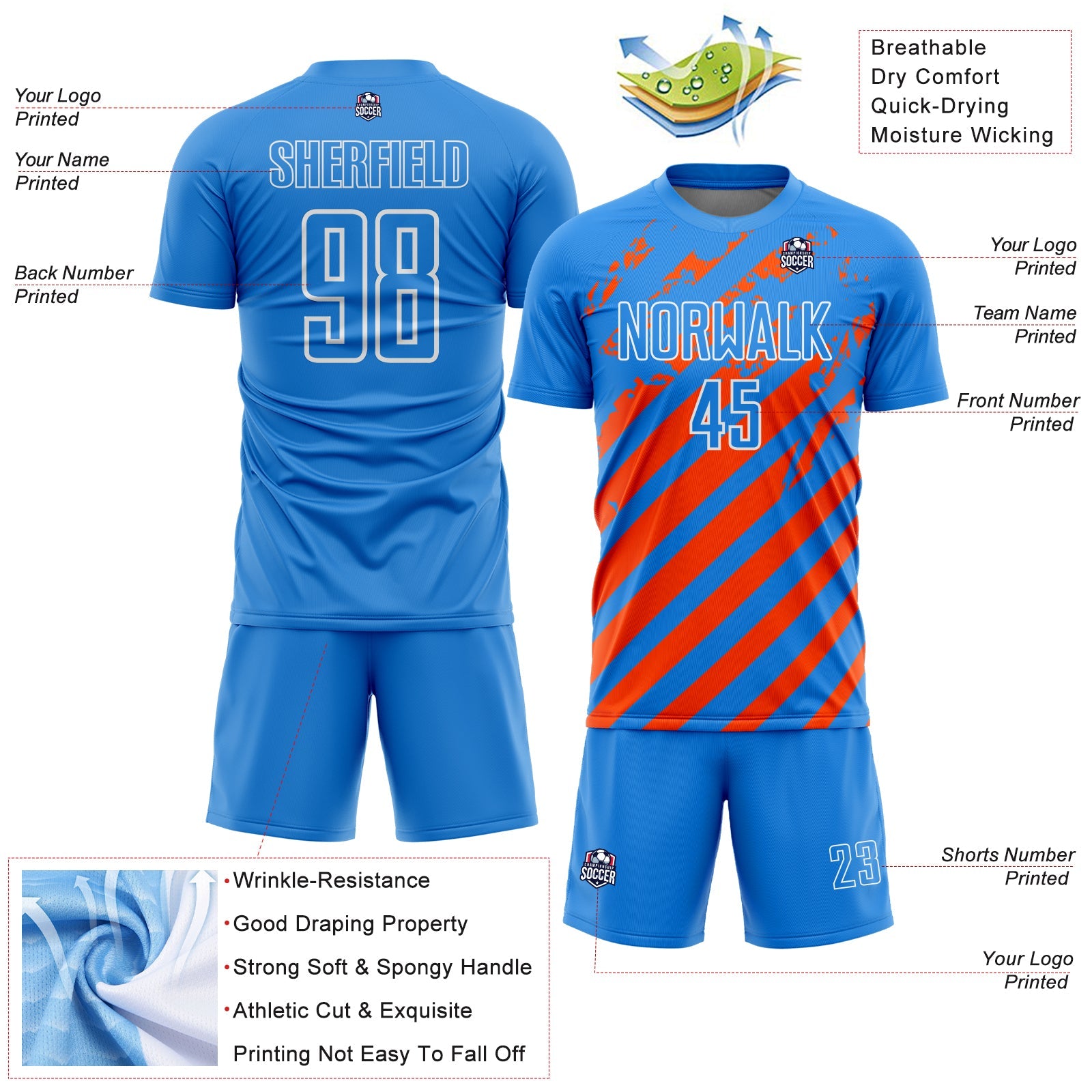 Custom Powder Blue White-Orange Distressed Diagonal Stripe Pattern Sports Sublimation Soccer Uniform Jersey view 4