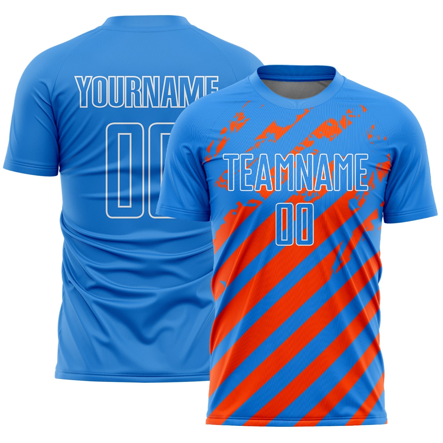 Custom Powder Blue White-Orange Distressed Diagonal Stripe Pattern Sports Sublimation Soccer Uniform Jersey - Main View