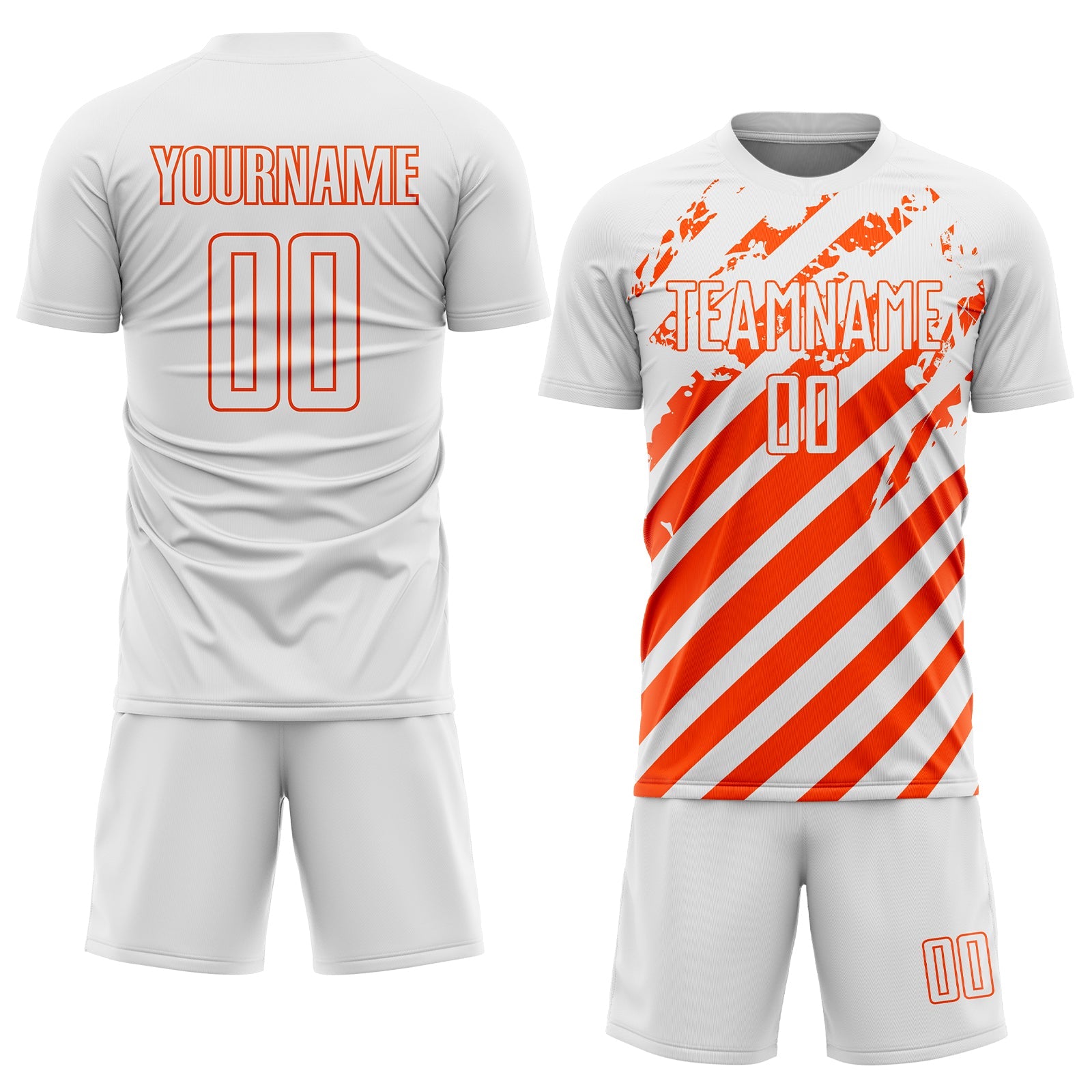 Custom White Orange Distressed Diagonal Stripe Pattern Sports Sublimation Soccer Uniform Jersey view 2