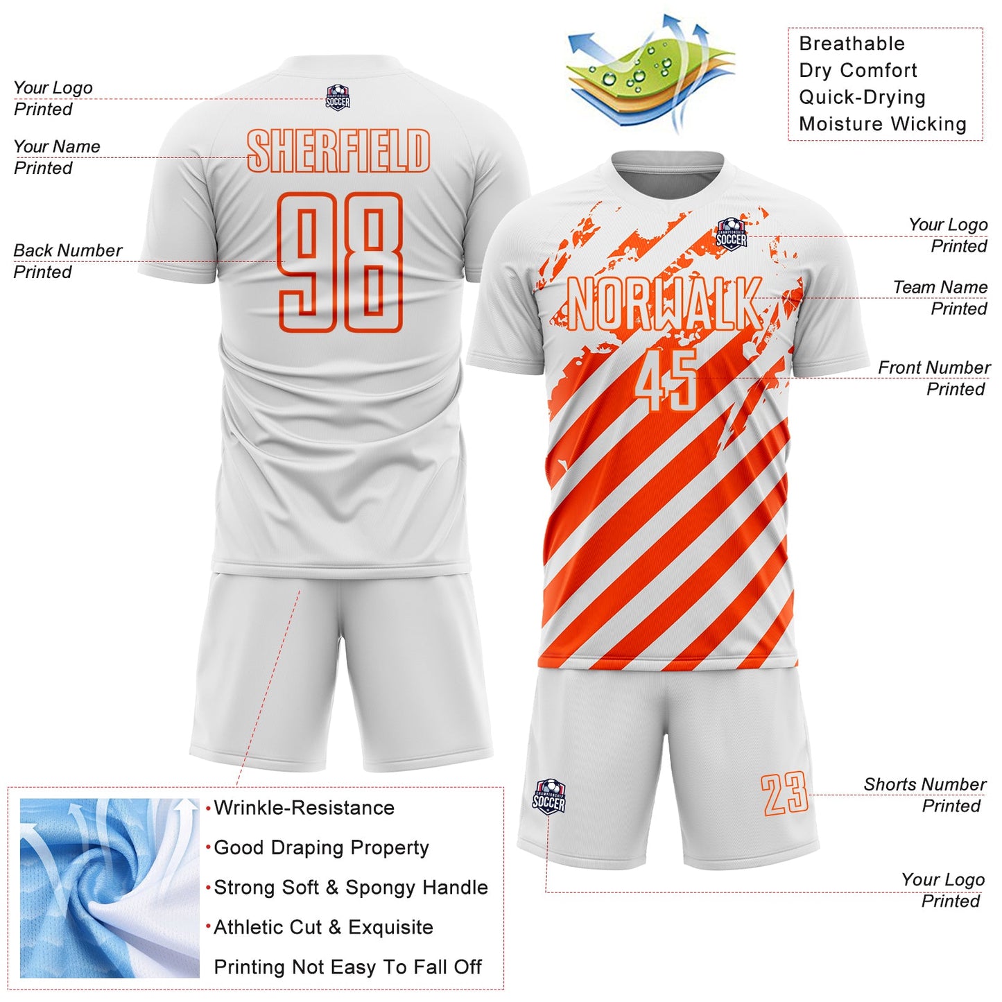 Custom White Orange Distressed Diagonal Stripe Pattern Sports Sublimation Soccer Uniform Jersey view 4