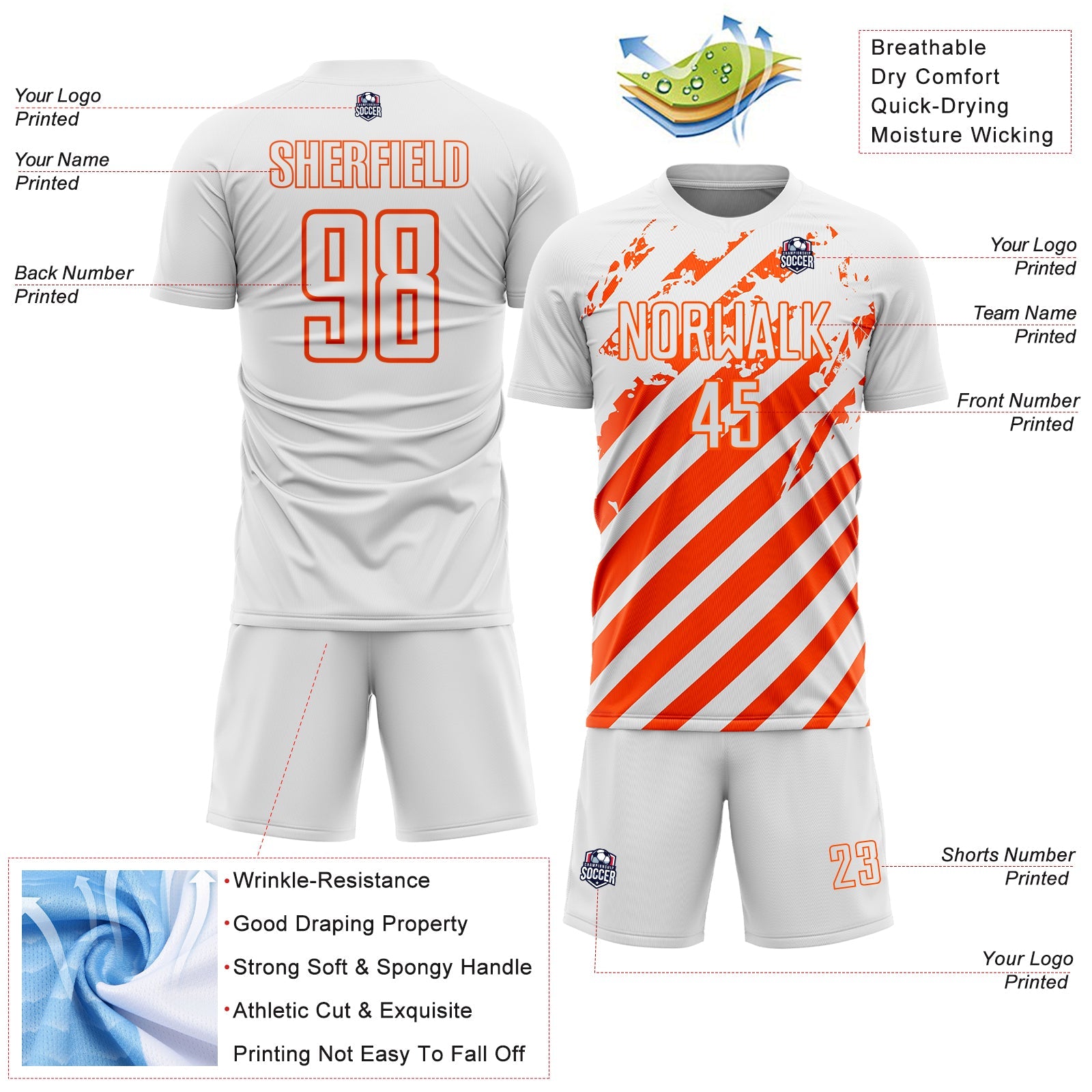 Custom White Orange Distressed Diagonal Stripe Pattern Sports Sublimation Soccer Uniform Jersey view 4