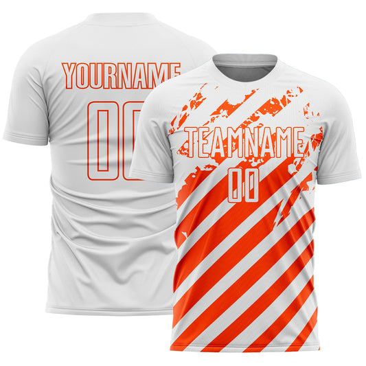 Custom White Orange Distressed Diagonal Stripe Pattern Sports Sublimation Soccer Uniform Jersey - Main View