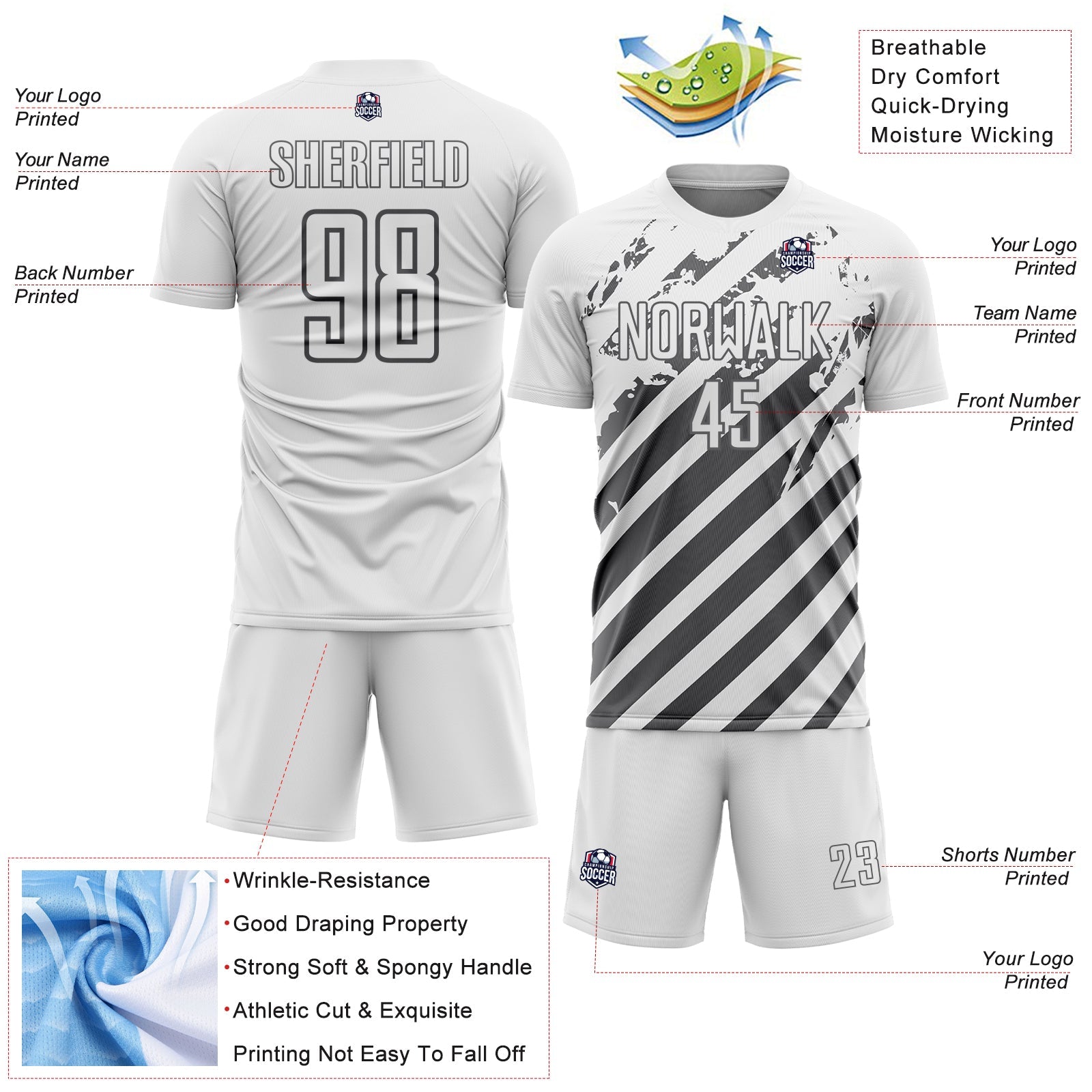 Custom White Steel Gray Distressed Diagonal Stripe Pattern Sports Sublimation Soccer Uniform Jersey view 4