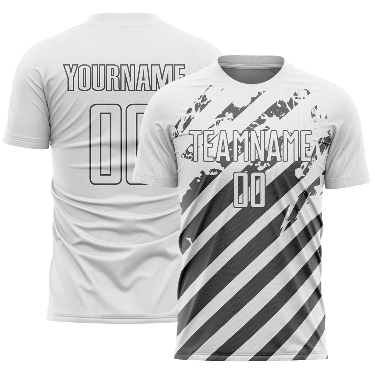 Custom White Steel Gray Distressed Diagonal Stripe Pattern Sports Sublimation Soccer Uniform Jersey - Main View