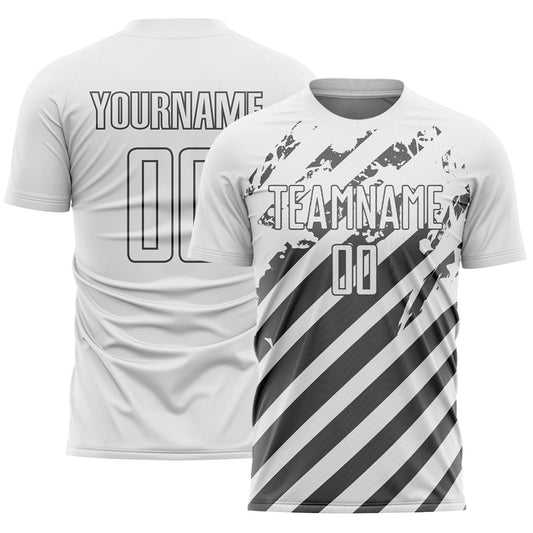 Custom White Steel Gray Distressed Diagonal Stripe Pattern Sports Sublimation Soccer Uniform Jersey - Main View