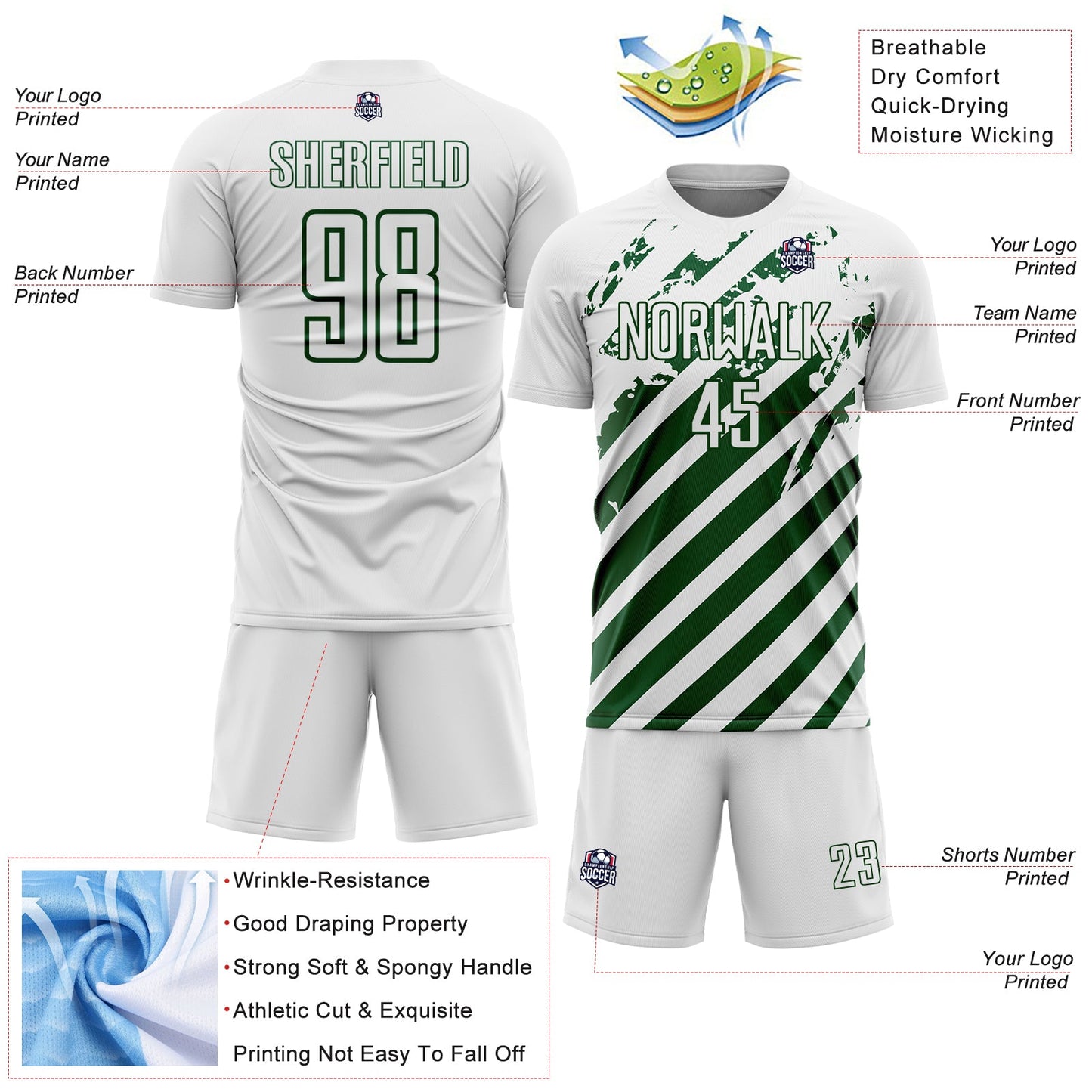 Custom White Green Distressed Diagonal Stripe Pattern Sports Sublimation Soccer Uniform Jersey view 4