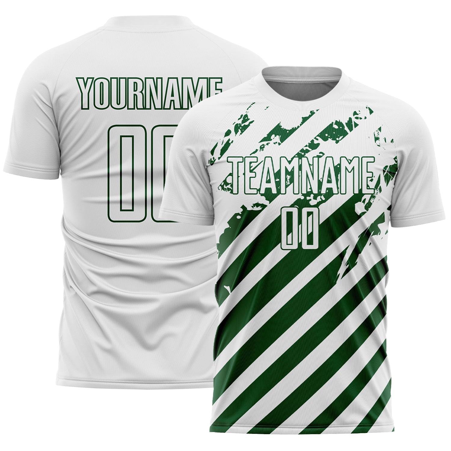 Custom White Green Distressed Diagonal Stripe Pattern Sports Sublimation Soccer Uniform Jersey - Main View