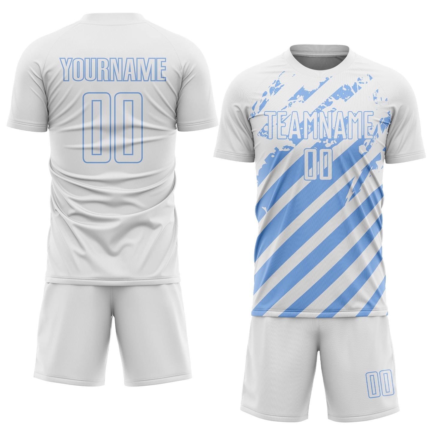 Custom White Light Blue Distressed Diagonal Stripe Pattern Sports Sublimation Soccer Uniform Jersey view 2