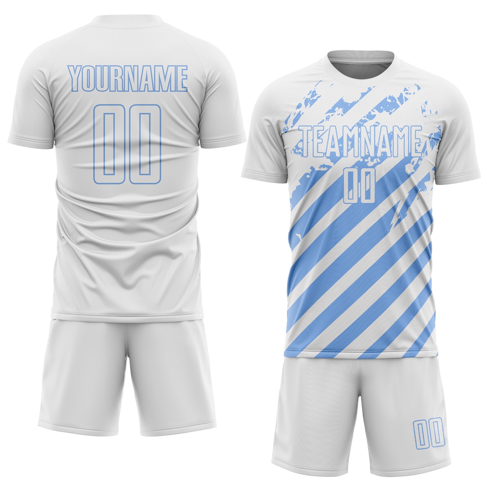 Custom White Light Blue Distressed Diagonal Stripe Pattern Sports Sublimation Soccer Uniform Jersey view 2