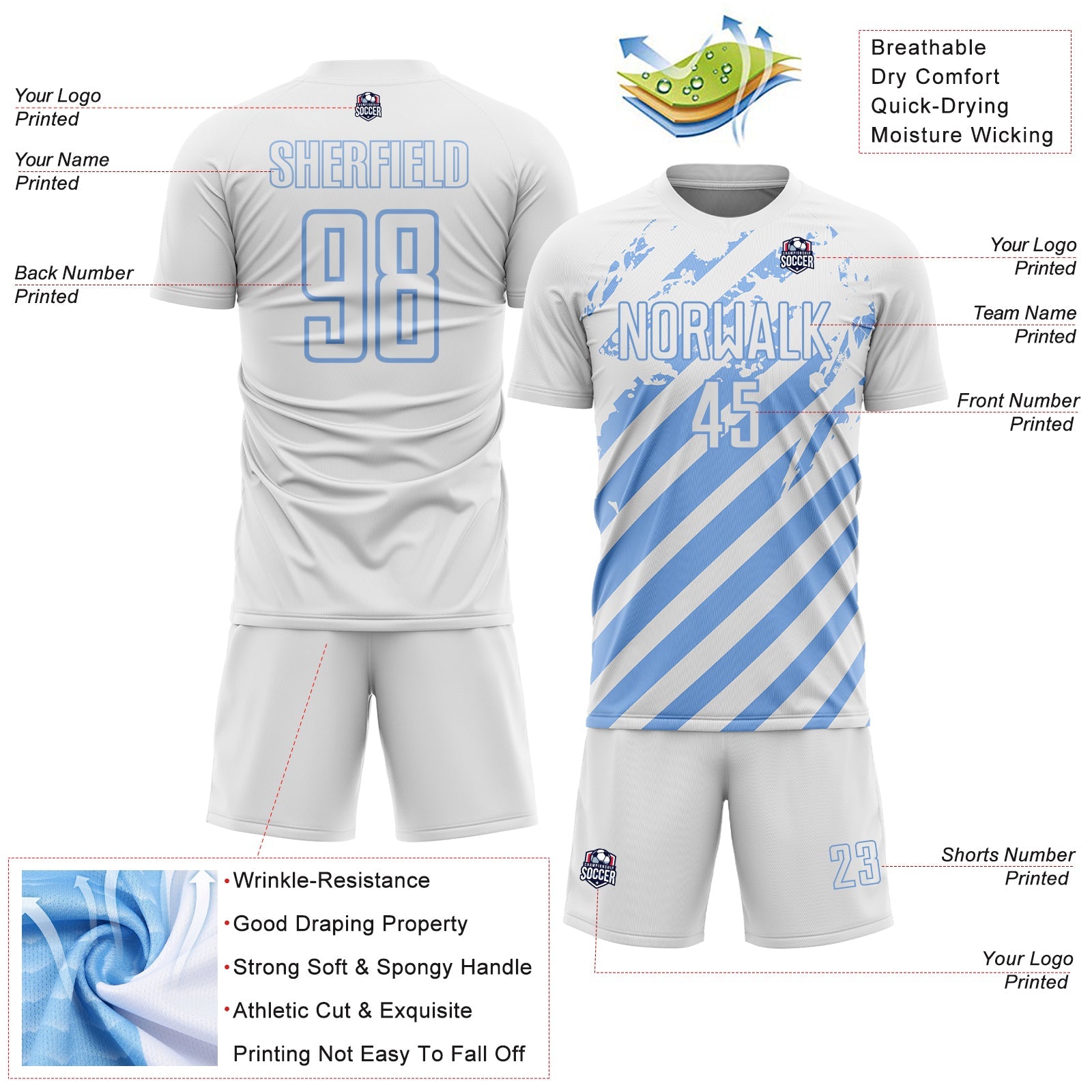 Custom White Light Blue Distressed Diagonal Stripe Pattern Sports Sublimation Soccer Uniform Jersey view 4