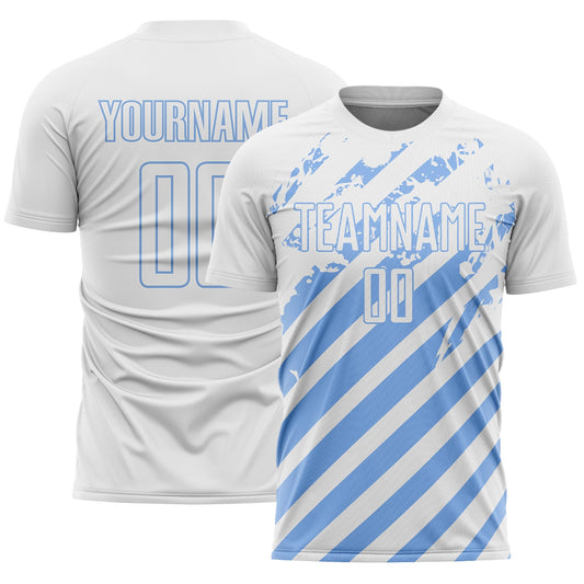 Custom White Light Blue Distressed Diagonal Stripe Pattern Sports Sublimation Soccer Uniform Jersey - Main View