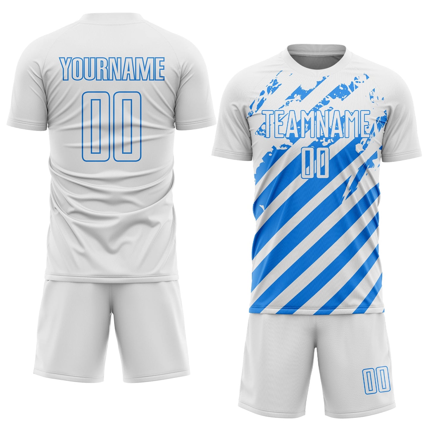 Custom White Powder Blue Distressed Diagonal Stripe Pattern Sports Sublimation Soccer Uniform Jersey view 2