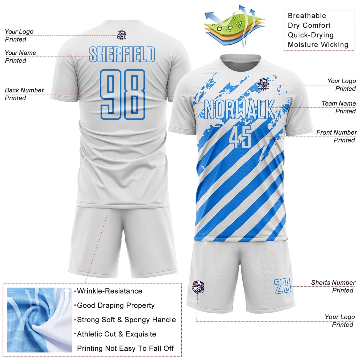 Custom White Powder Blue Distressed Diagonal Stripe Pattern Sports Sublimation Soccer Uniform Jersey view 4
