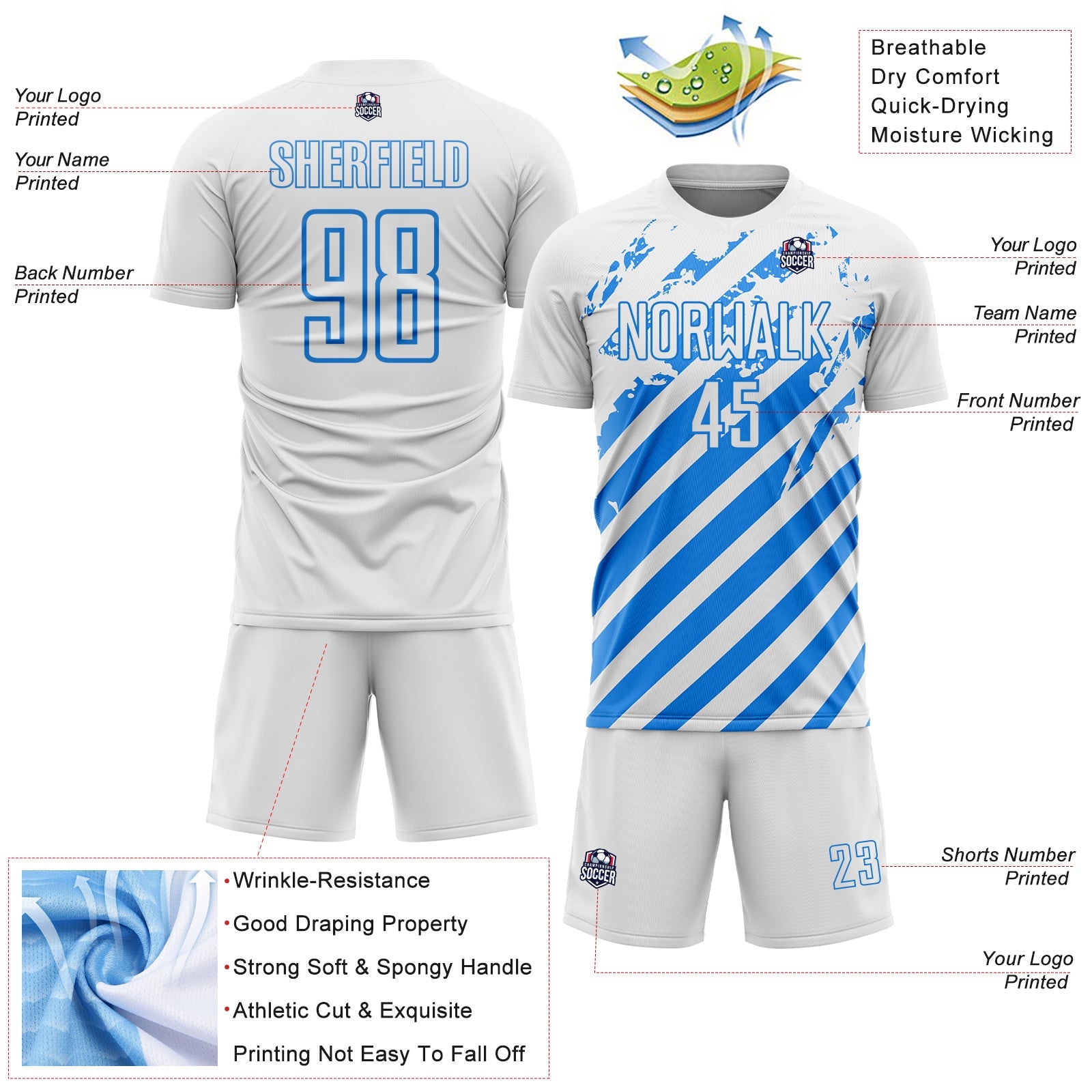 Custom White Powder Blue Distressed Diagonal Stripe Pattern Sports Sublimation Soccer Uniform Jersey view 4