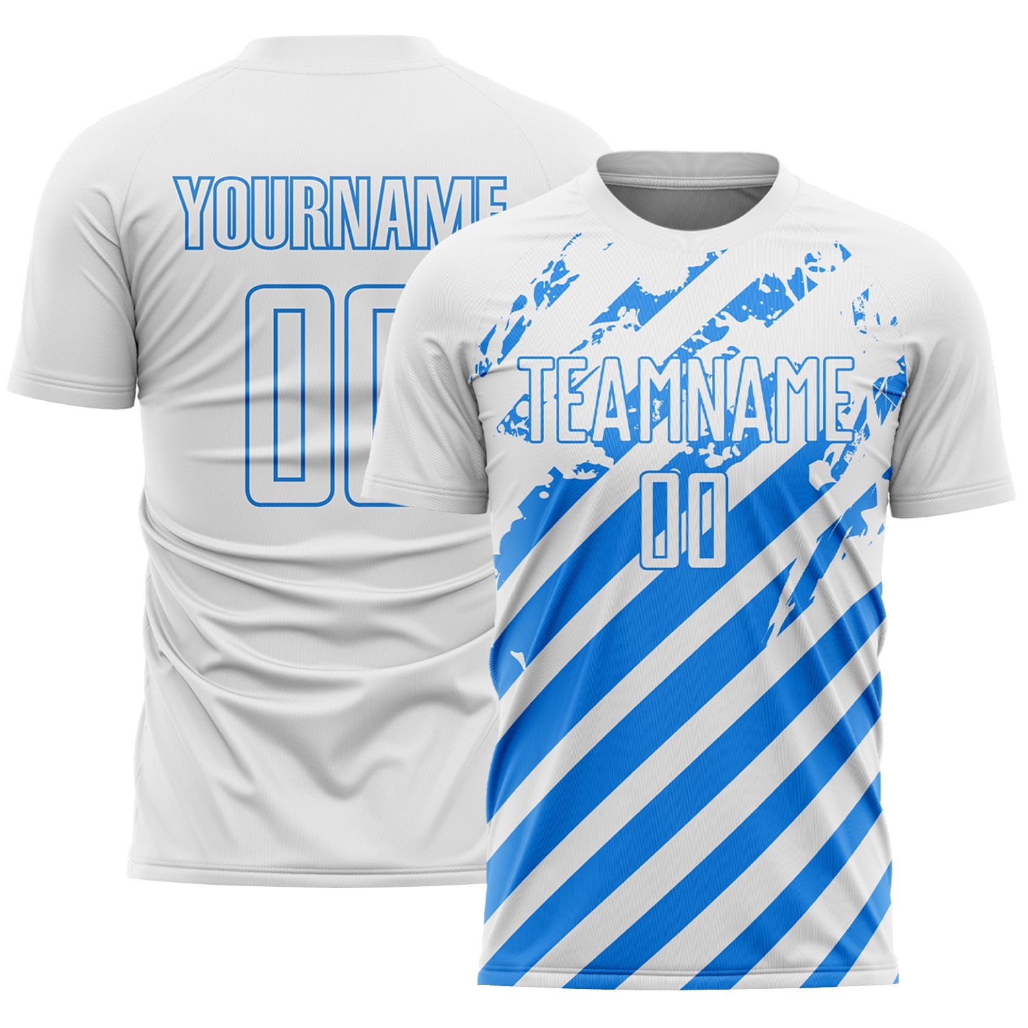 Custom White Powder Blue Distressed Diagonal Stripe Pattern Sports Sublimation Soccer Uniform Jersey - Main View