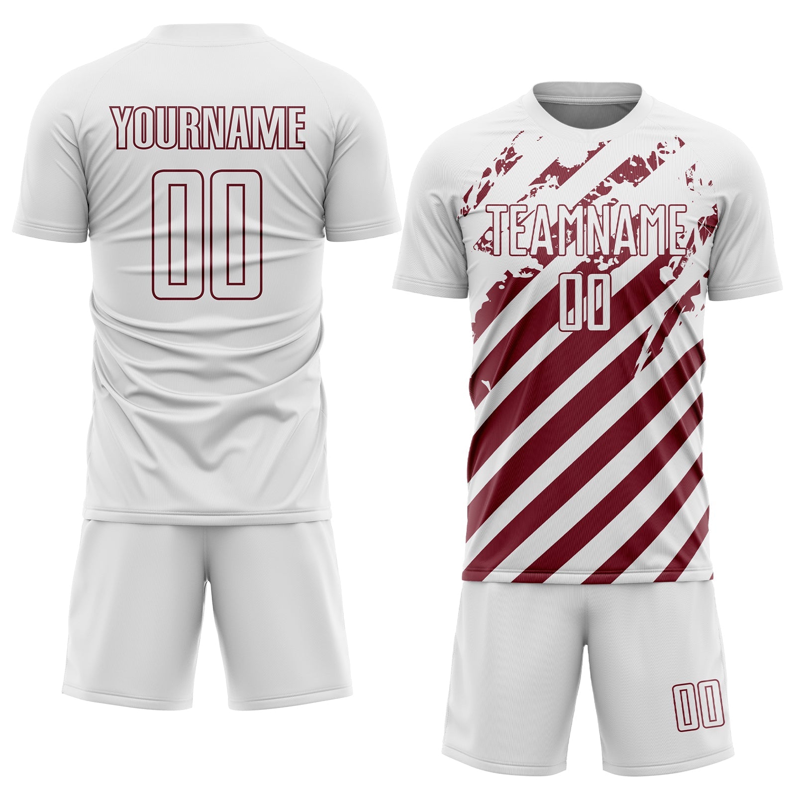 Custom White Burgundy Distressed Diagonal Stripe Pattern Sports Sublimation Soccer Uniform Jersey view 2