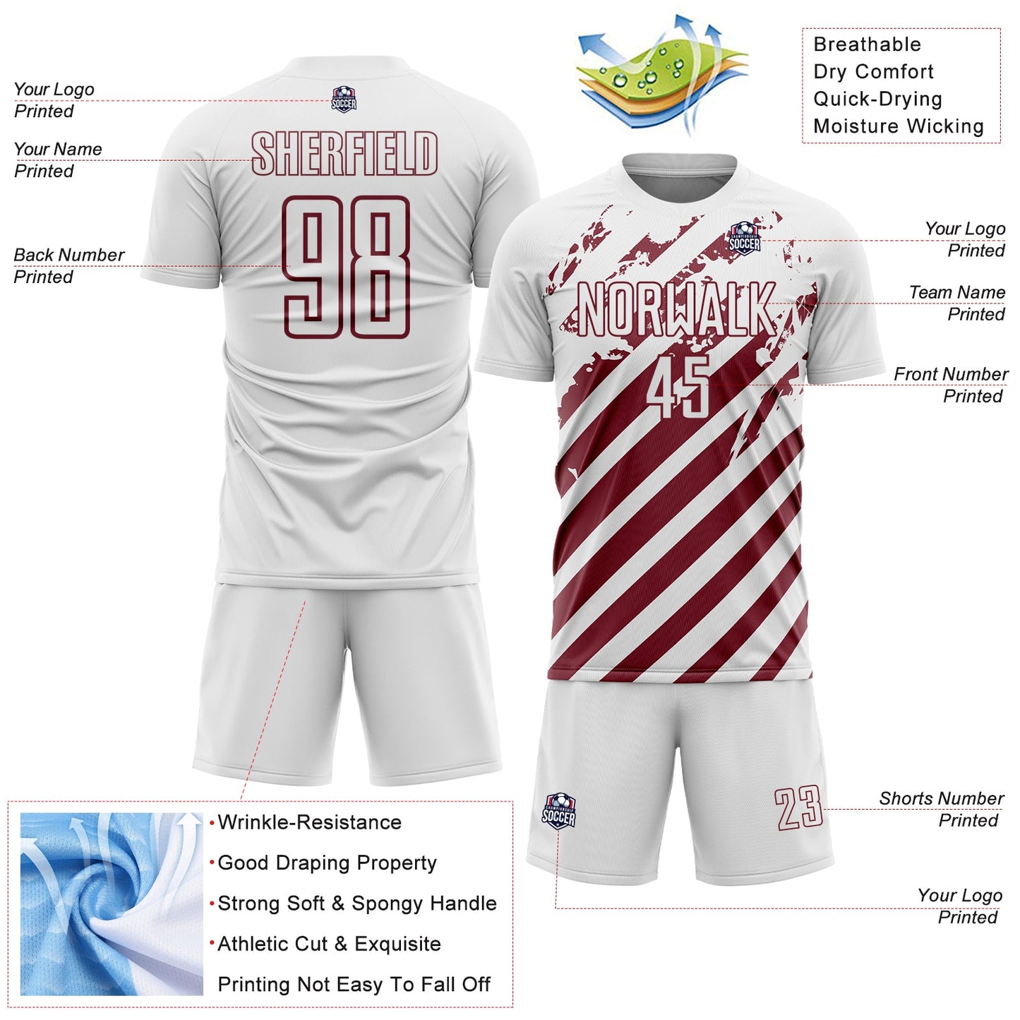 Custom White Burgundy Distressed Diagonal Stripe Pattern Sports Sublimation Soccer Uniform Jersey view 4