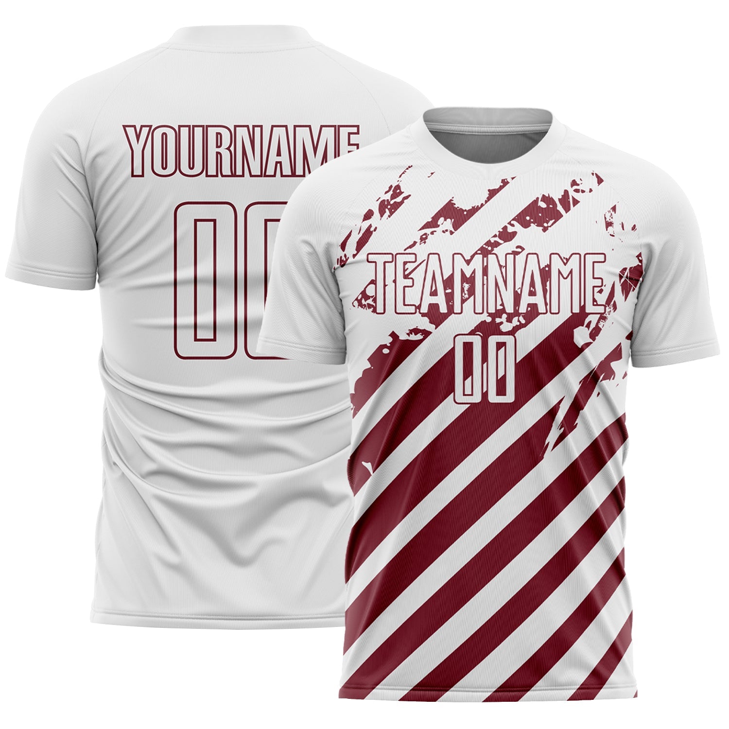 Custom White Burgundy Distressed Diagonal Stripe Pattern Sports Sublimation Soccer Uniform Jersey - Main View