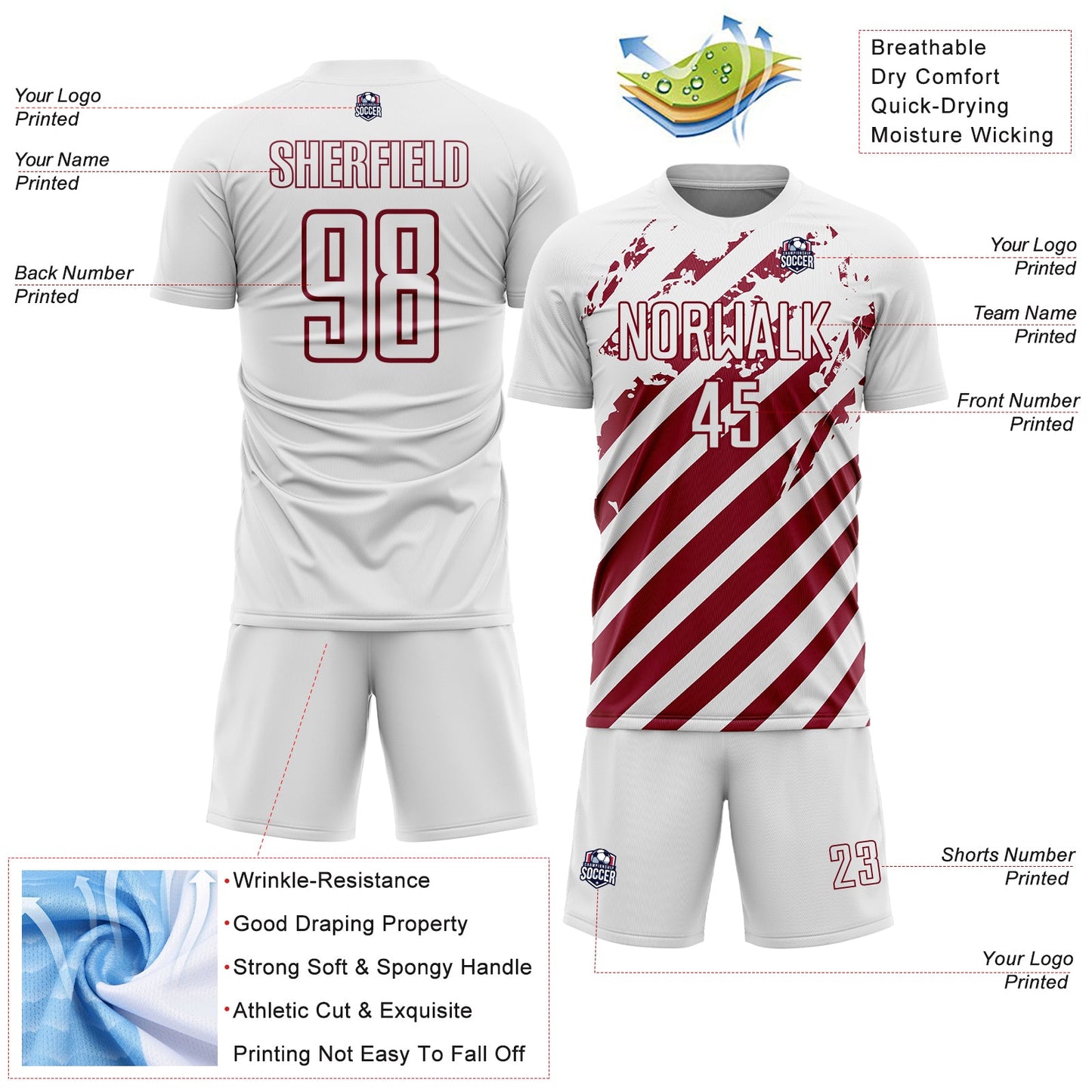 Custom White Crimson Distressed Diagonal Stripe Pattern Sports Sublimation Soccer Uniform Jersey view 4