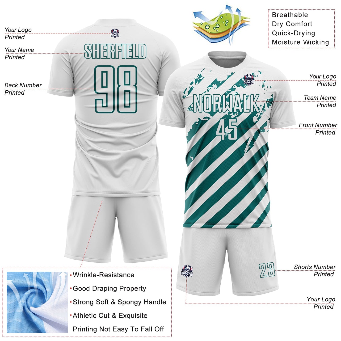 Custom White Teal Distressed Diagonal Stripe Pattern Sports Sublimation Soccer Uniform Jersey view 4
