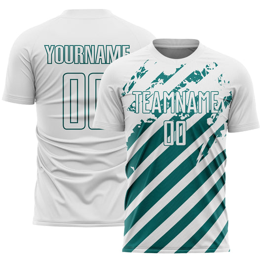 Custom White Teal Distressed Diagonal Stripe Pattern Sports Sublimation Soccer Uniform Jersey - Main View