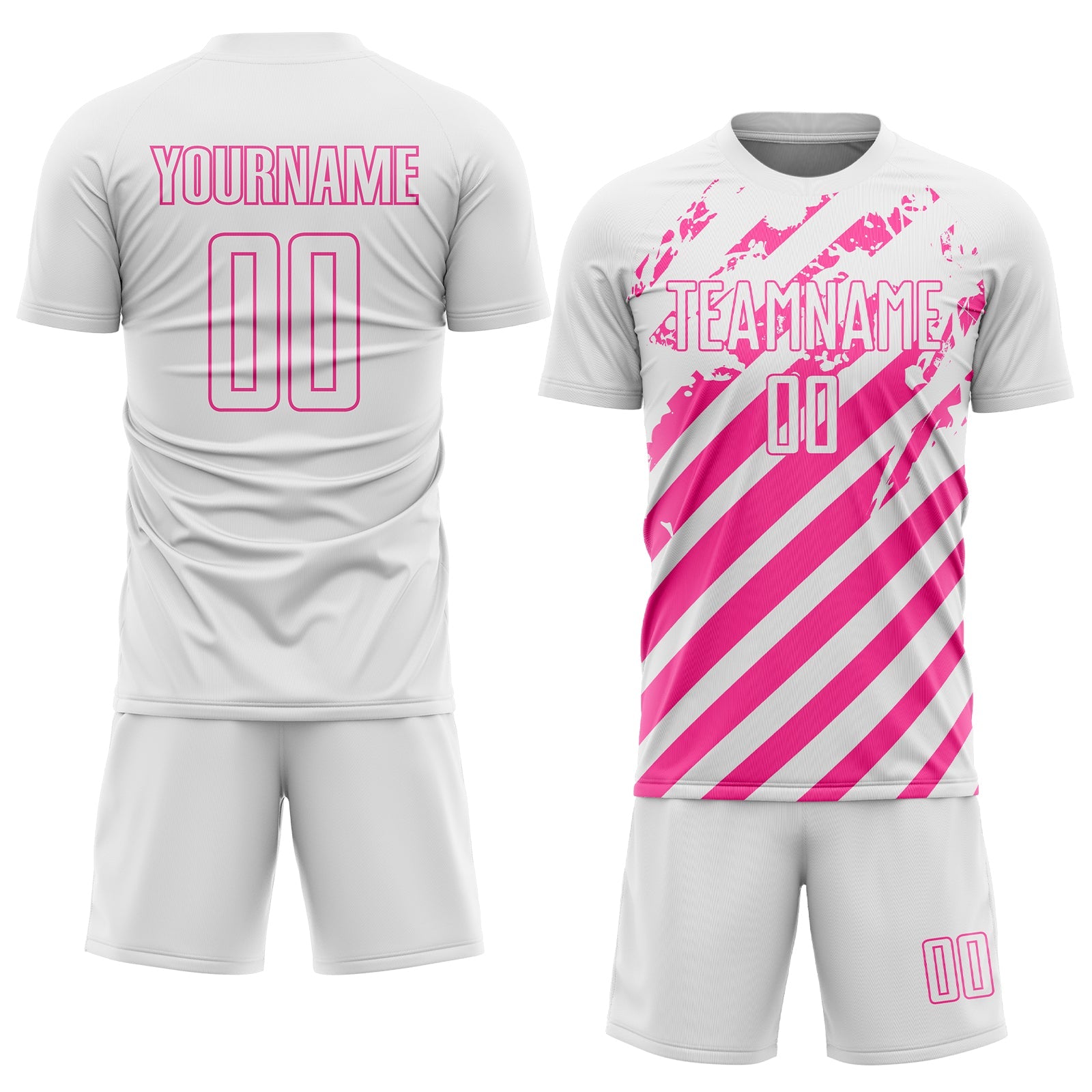 Custom White Pink Distressed Diagonal Stripe Pattern Sports Sublimation Soccer Uniform Jersey view 2