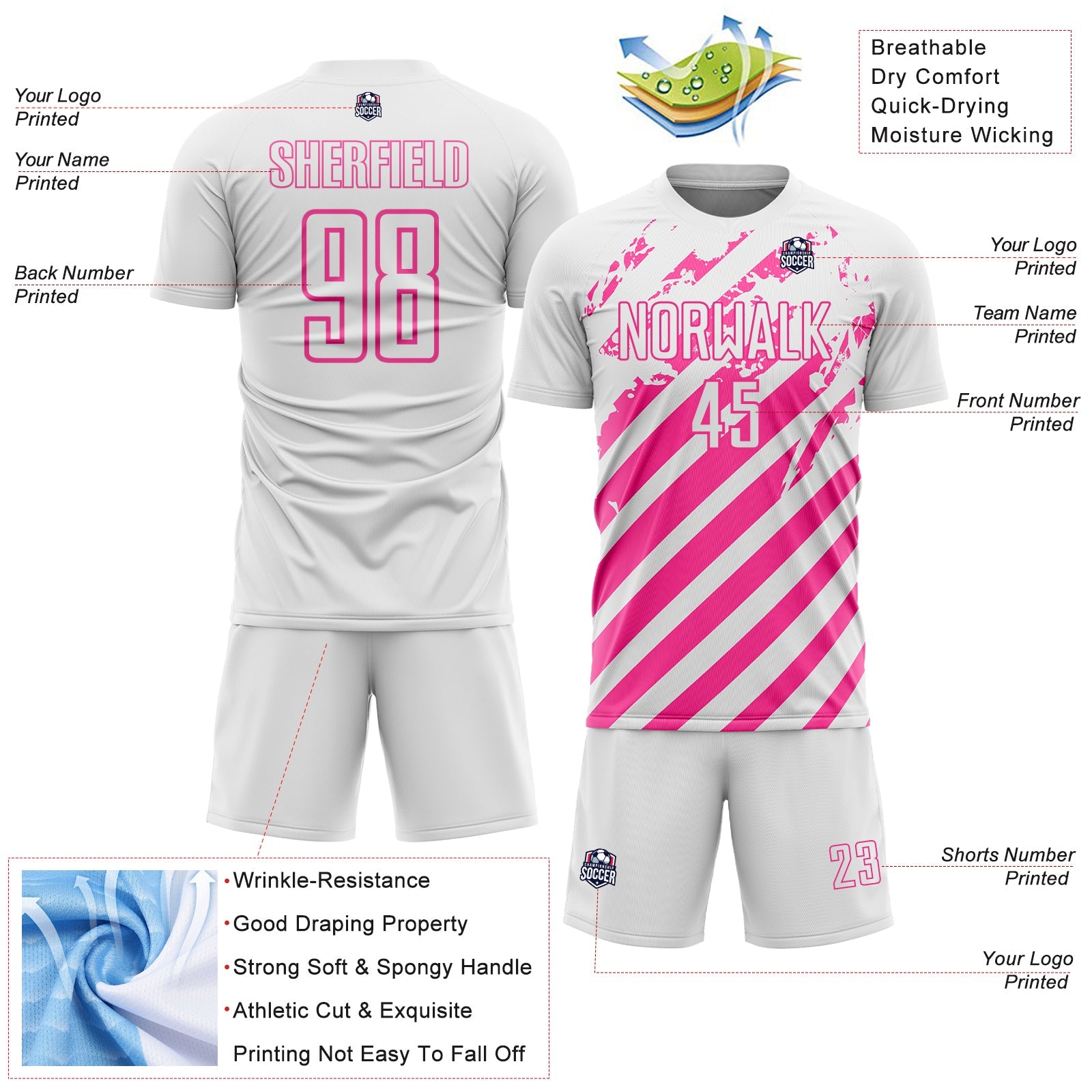 Custom White Pink Distressed Diagonal Stripe Pattern Sports Sublimation Soccer Uniform Jersey view 4