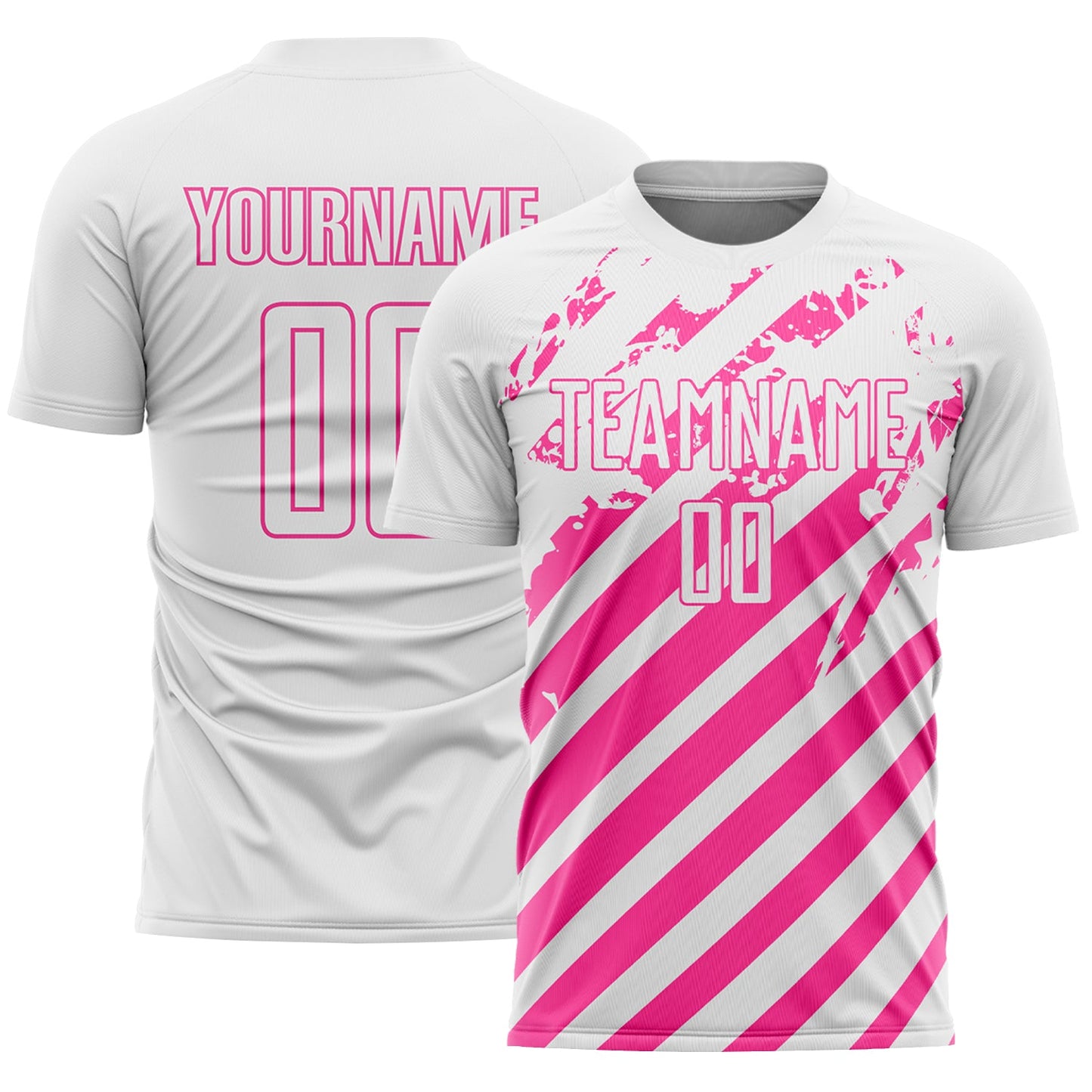 Custom White Pink Distressed Diagonal Stripe Pattern Sports Sublimation Soccer Uniform Jersey - Main View