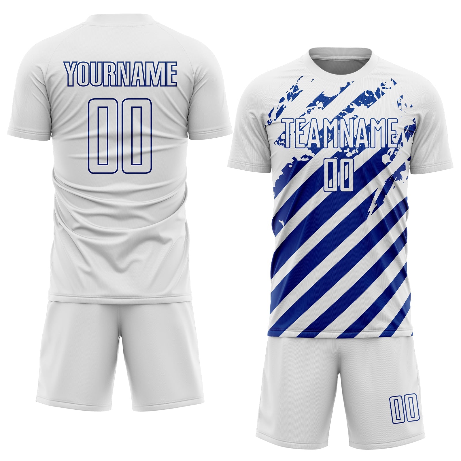 Custom White Royal Distressed Diagonal Stripe Pattern Sports Sublimation Soccer Uniform Jersey view 2