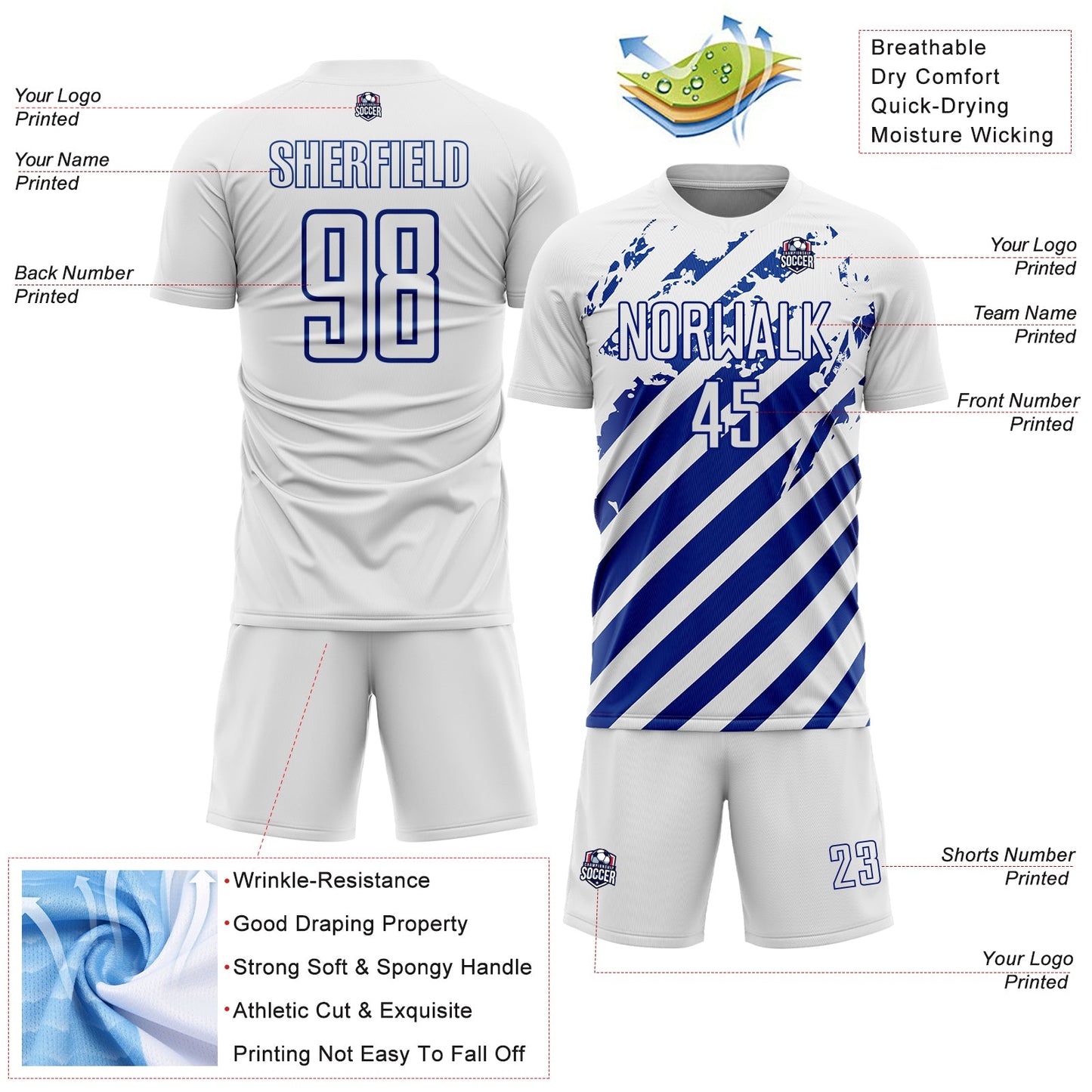 Custom White Royal Distressed Diagonal Stripe Pattern Sports Sublimation Soccer Uniform Jersey view 4