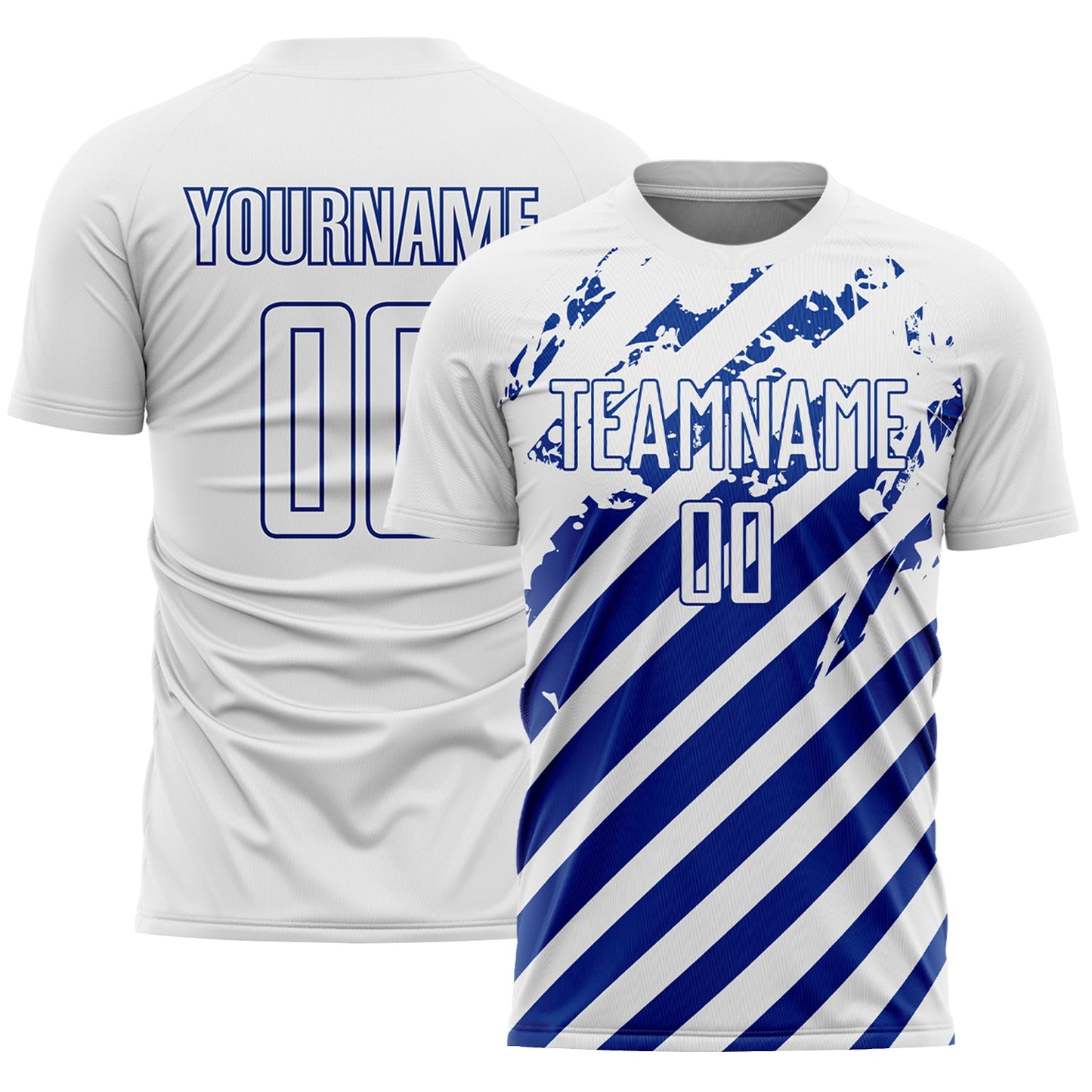 Custom White Royal Distressed Diagonal Stripe Pattern Sports Sublimation Soccer Uniform Jersey - Main View