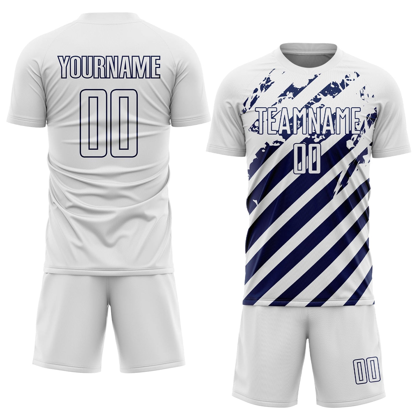 Custom White Navy Distressed Diagonal Stripe Pattern Sports Sublimation Soccer Uniform Jersey view 2