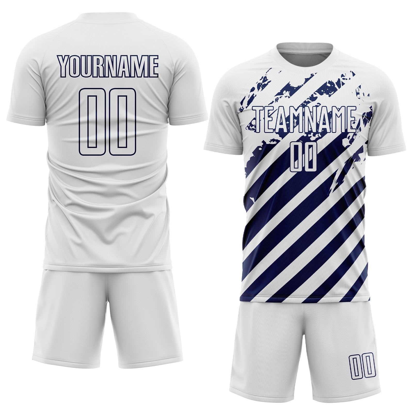 Custom White Navy Distressed Diagonal Stripe Pattern Sports Sublimation Soccer Uniform Jersey view 2