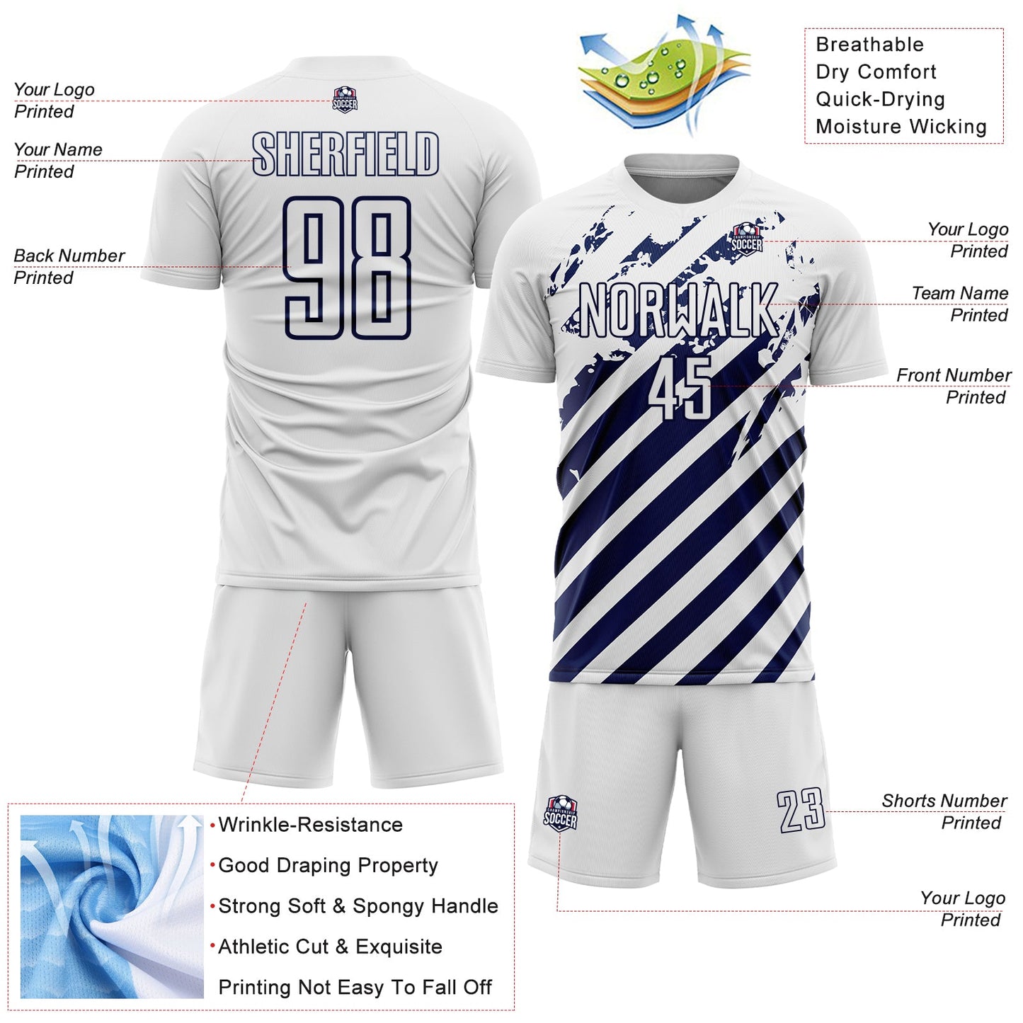 Custom White Navy Distressed Diagonal Stripe Pattern Sports Sublimation Soccer Uniform Jersey view 4