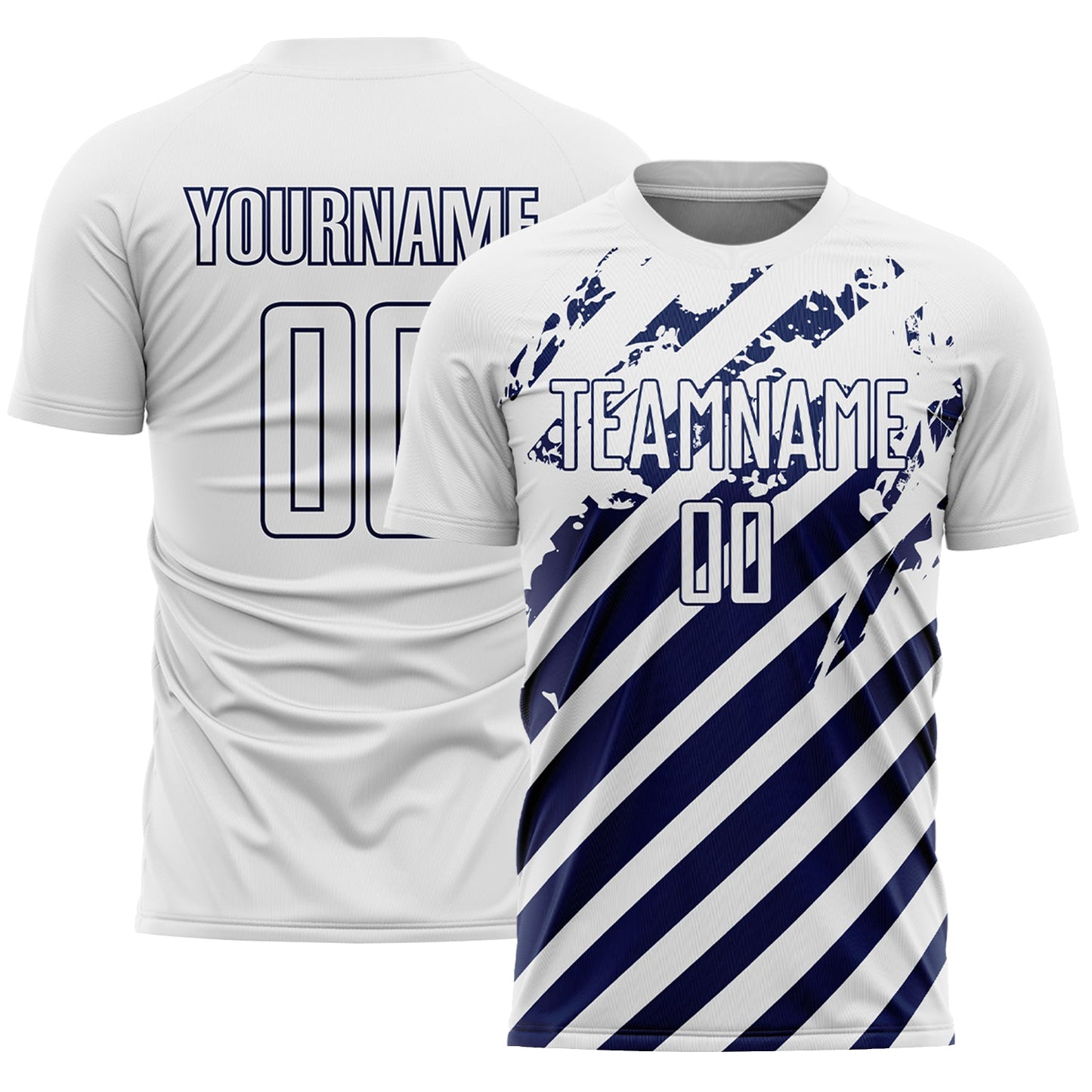 Custom White Navy Distressed Diagonal Stripe Pattern Sports Sublimation Soccer Uniform Jersey - Main View