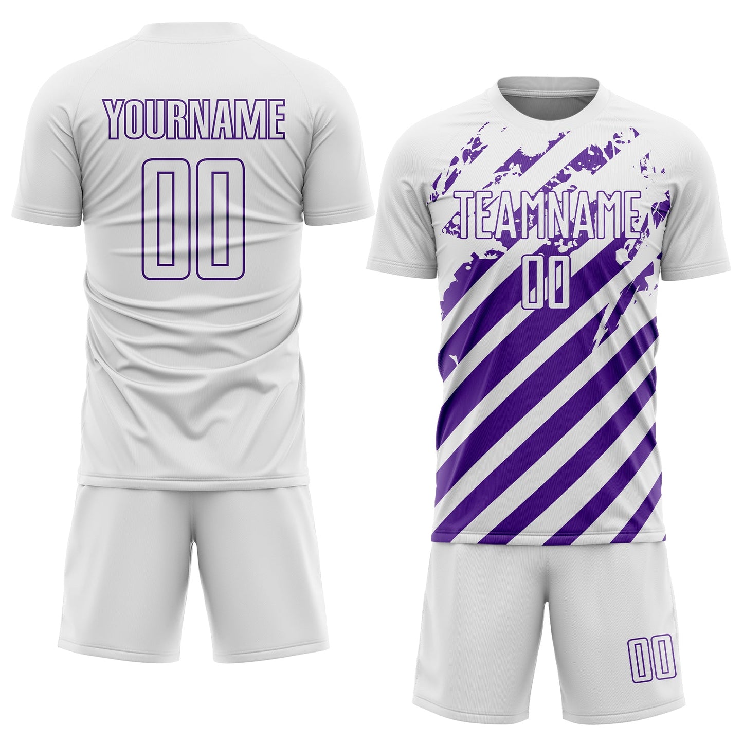 Custom White Purple Distressed Diagonal Stripe Pattern Sports Sublimation Soccer Uniform Jersey view 2