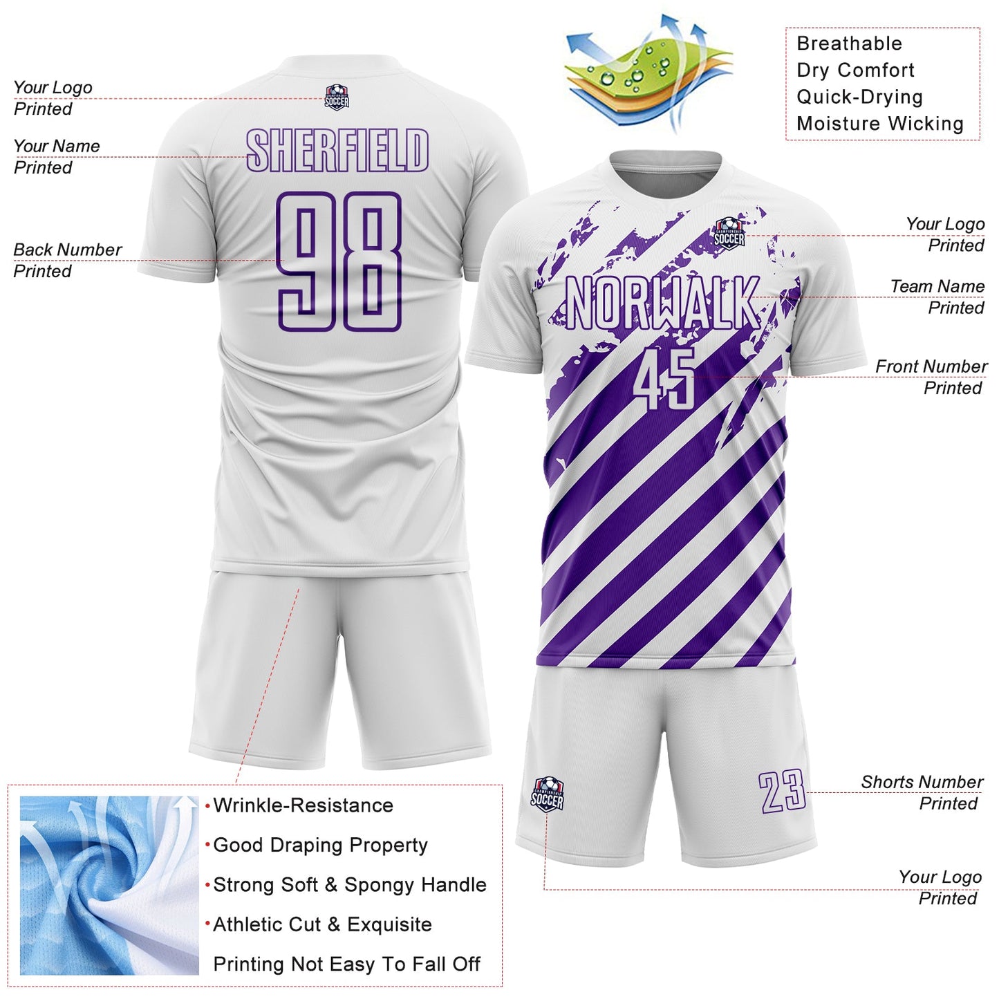 Custom White Purple Distressed Diagonal Stripe Pattern Sports Sublimation Soccer Uniform Jersey view 4
