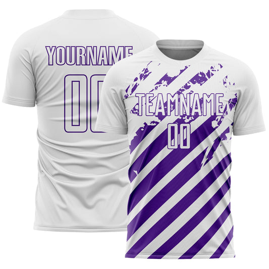 Custom White Purple Distressed Diagonal Stripe Pattern Sports Sublimation Soccer Uniform Jersey - Main View
