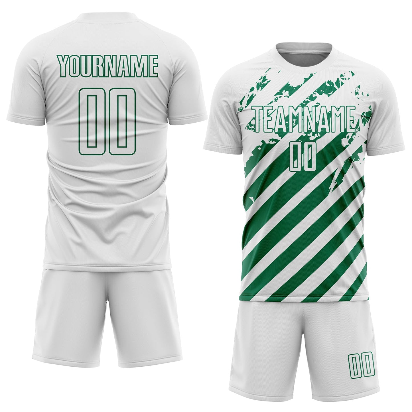 Custom White Kelly Green Distressed Diagonal Stripe Pattern Sports Sublimation Soccer Uniform Jersey view 2