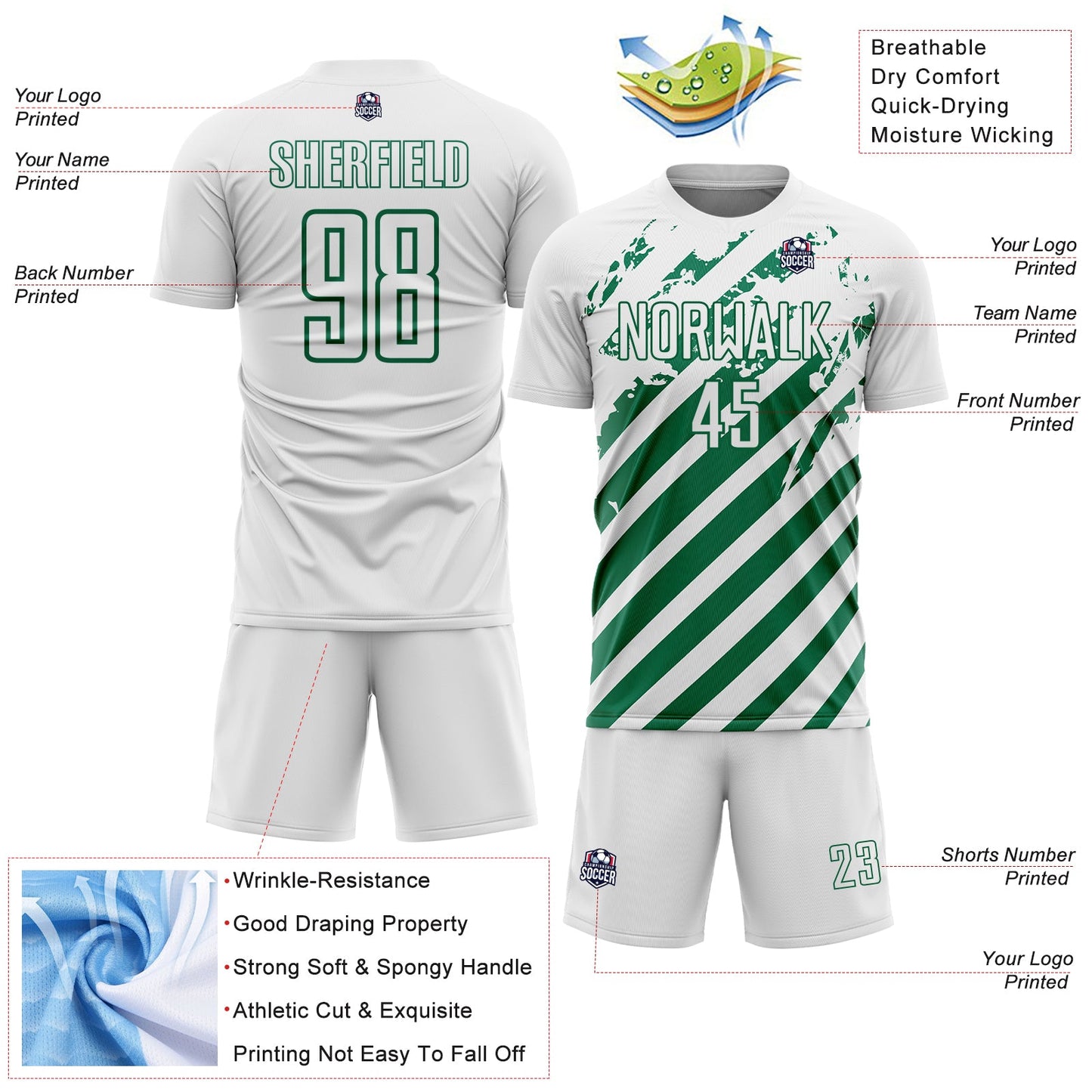 Custom White Kelly Green Distressed Diagonal Stripe Pattern Sports Sublimation Soccer Uniform Jersey view 4