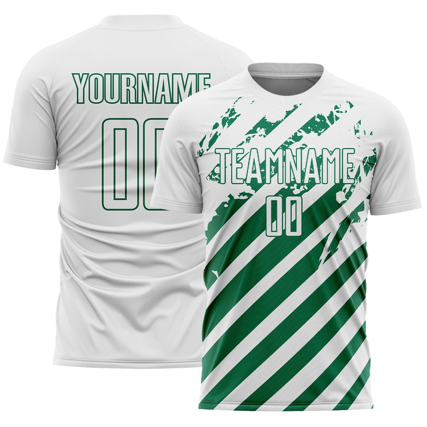 Custom White Kelly Green Distressed Diagonal Stripe Pattern Sports Sublimation Soccer Uniform Jersey - Main View