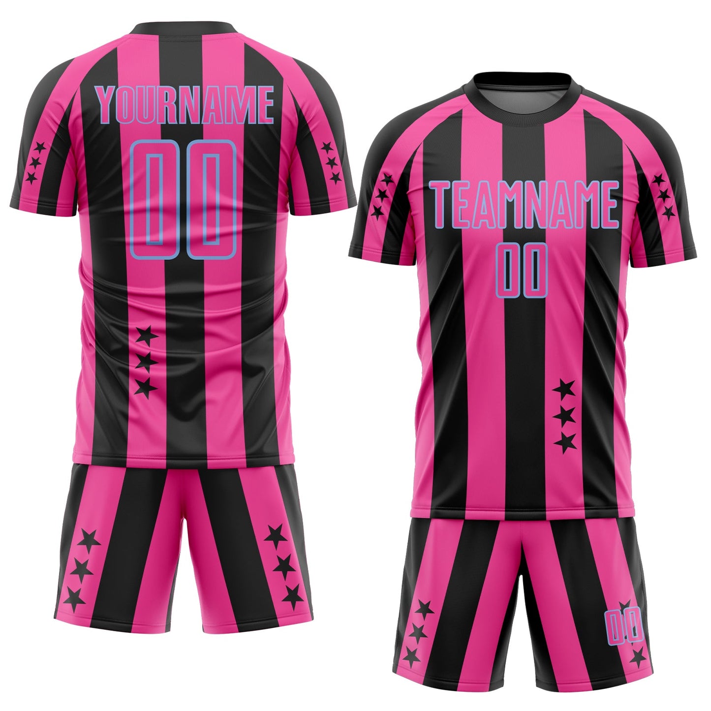 Custom Black Pink-Light Blue Stars And Stripes Sports Sublimation Soccer Uniform Jersey view 2